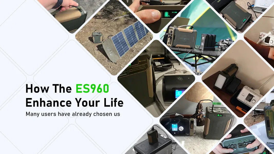 ES960 portable power station in outdoor and indoor scenarios, showing LCD display, charging devices, solar panel, and camping use.