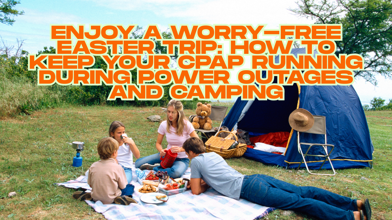 Family picnic on grass near blue camping tent, picnic basket, and stove, outdoor setting
