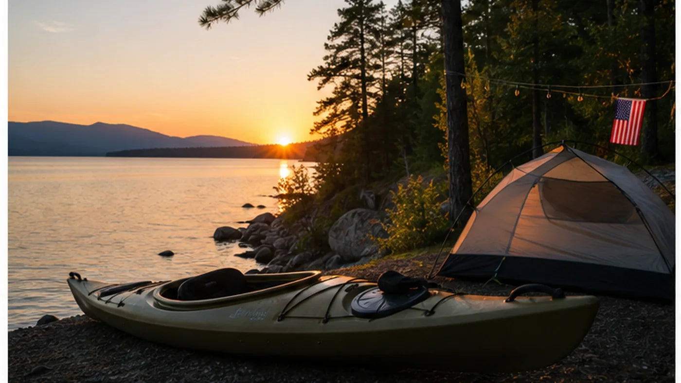 Kayak camping by a lake with tent and American flag