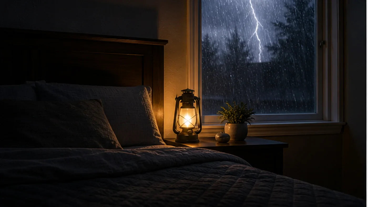 Storm outage bedroom with lantern light for CPAP backup planning