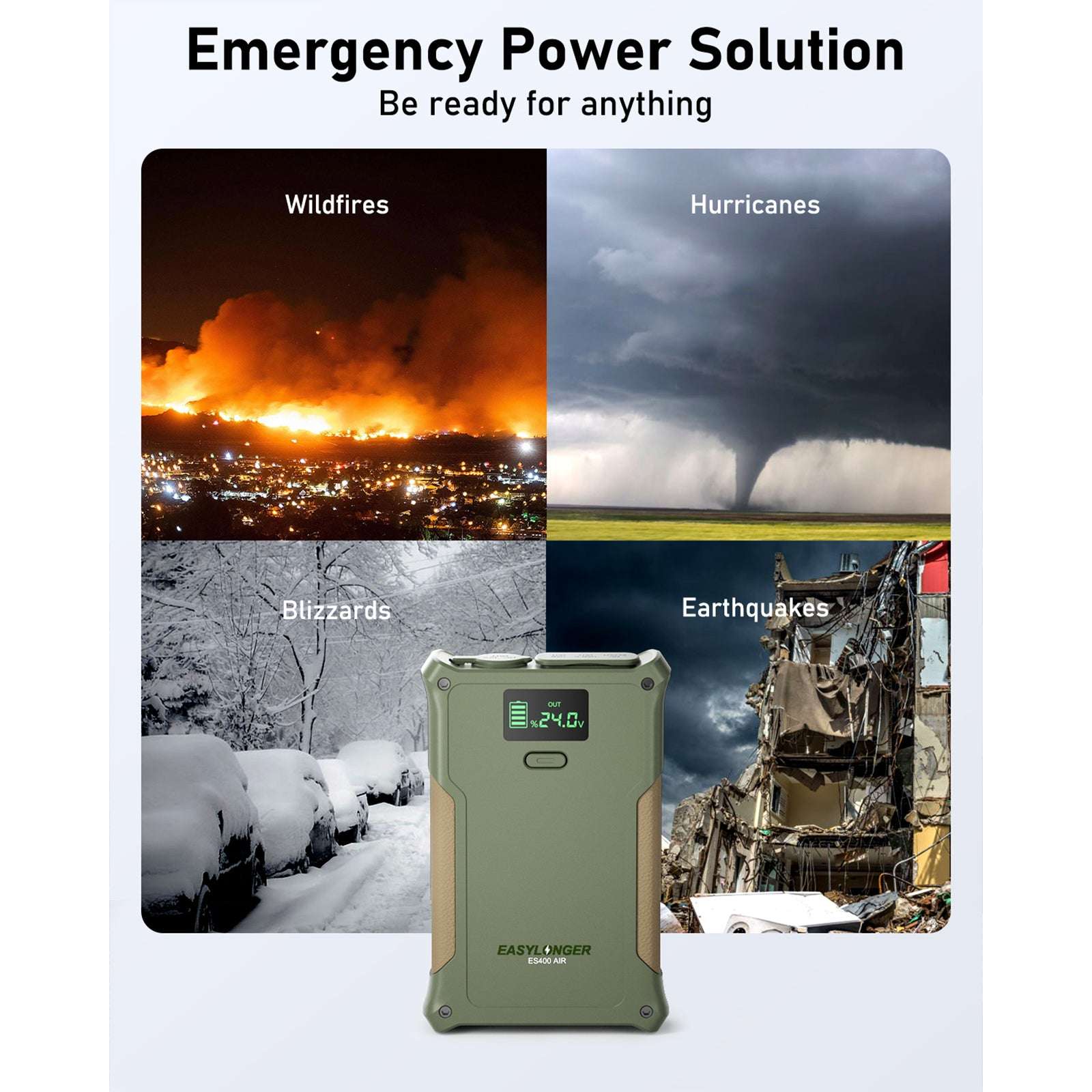 A promotional image for EASYLONGER ES400 AIR CPAP Battery Backup Power Supply displays four disaster scenarios—wildfires, hurricanes, blizzards, earthquakes—with the device below the text "Emergency Power Solution," perfect for galleries or presentations.