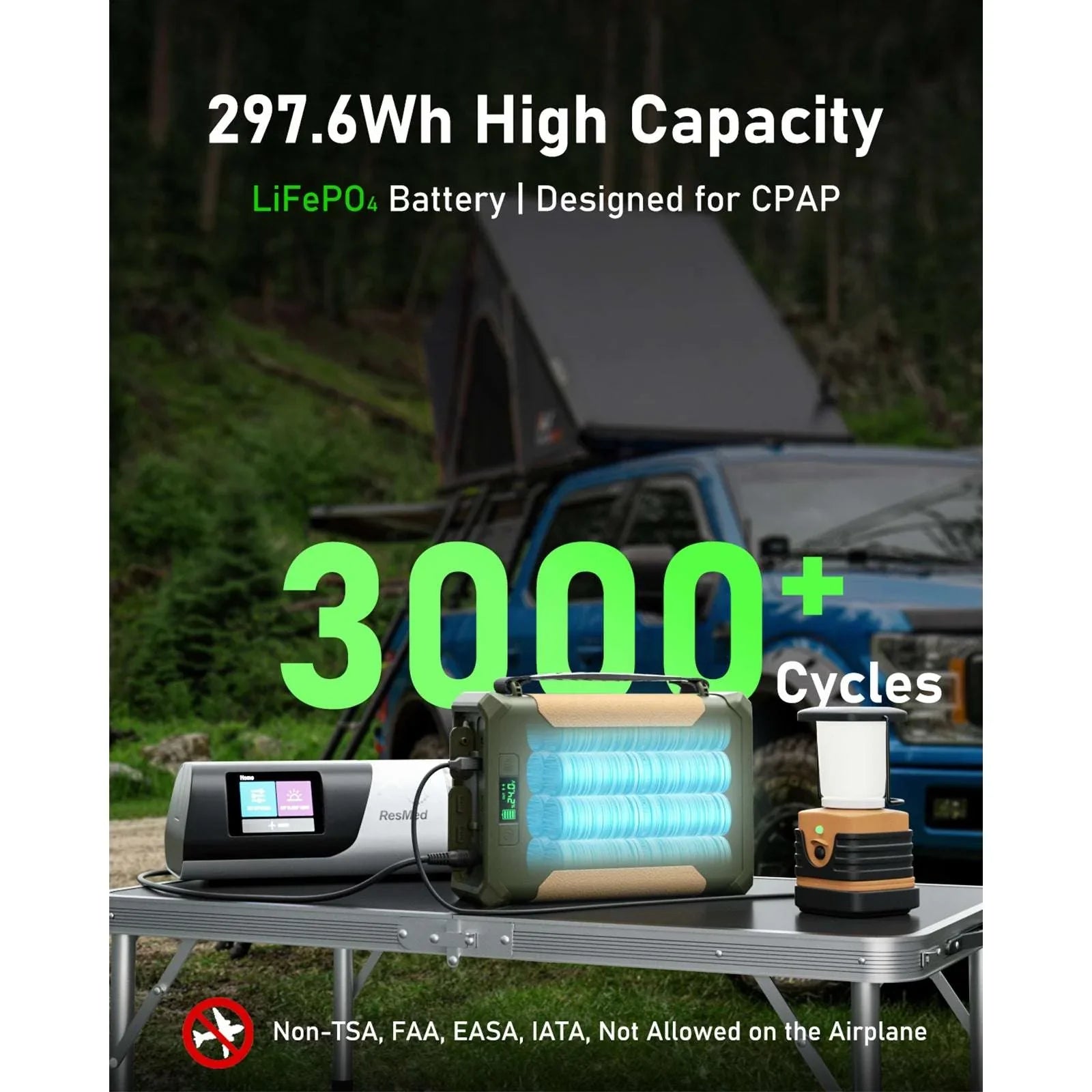 EASYLONGER ES400 AIR portable power station on camping table with CPAP machine and lantern, forest and car in background
