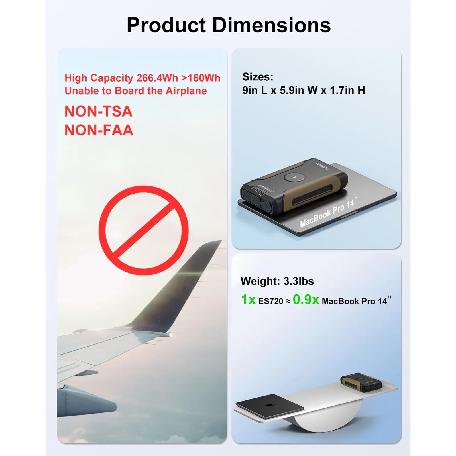 Portable power station ES400 AIR size comparison with MacBook Pro 14 inch, not allowed on airplane, product dimensions and weight details shown.