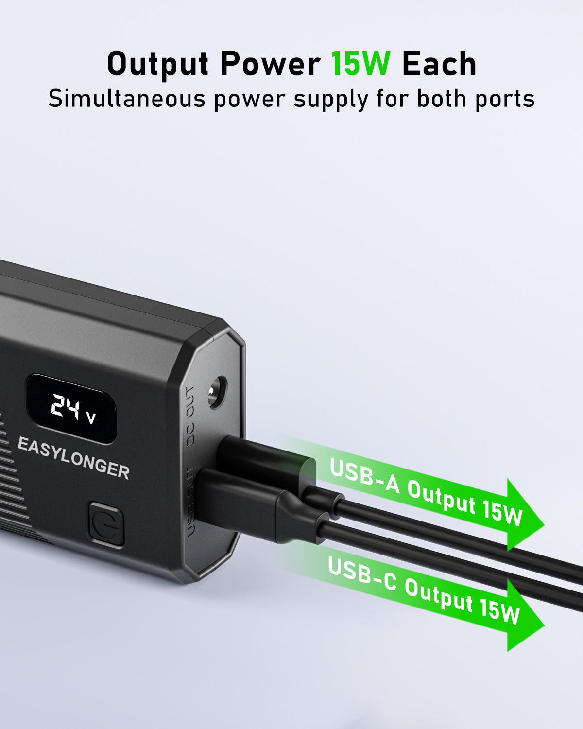 A close-up of the EASYLONGER Universal CPAP DC Power Cord (12V/24V) shows two cables in USB-A and USB-C ports, each labeled 15W, with a screen displaying 24V. Captured in 16:9, the video highlights simultaneous 15W output.