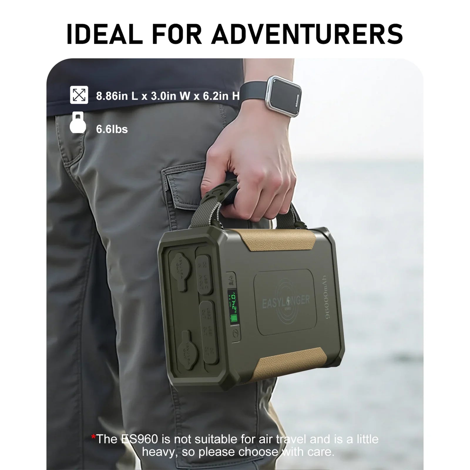 Person holding EASYLONGER ES400 AIR portable power station with handle, size and weight shown