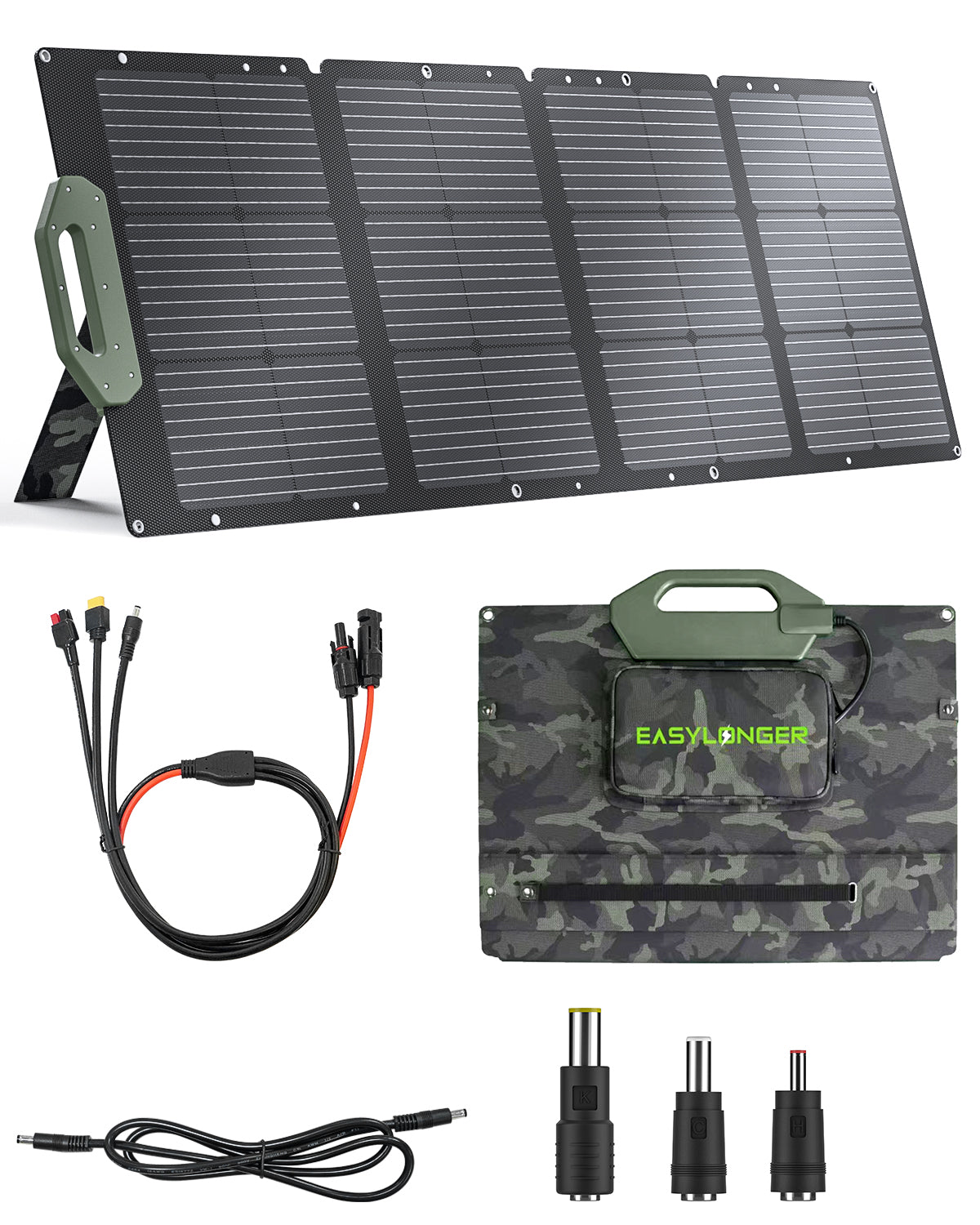 Solar panel with connectors and carrying case on a white background