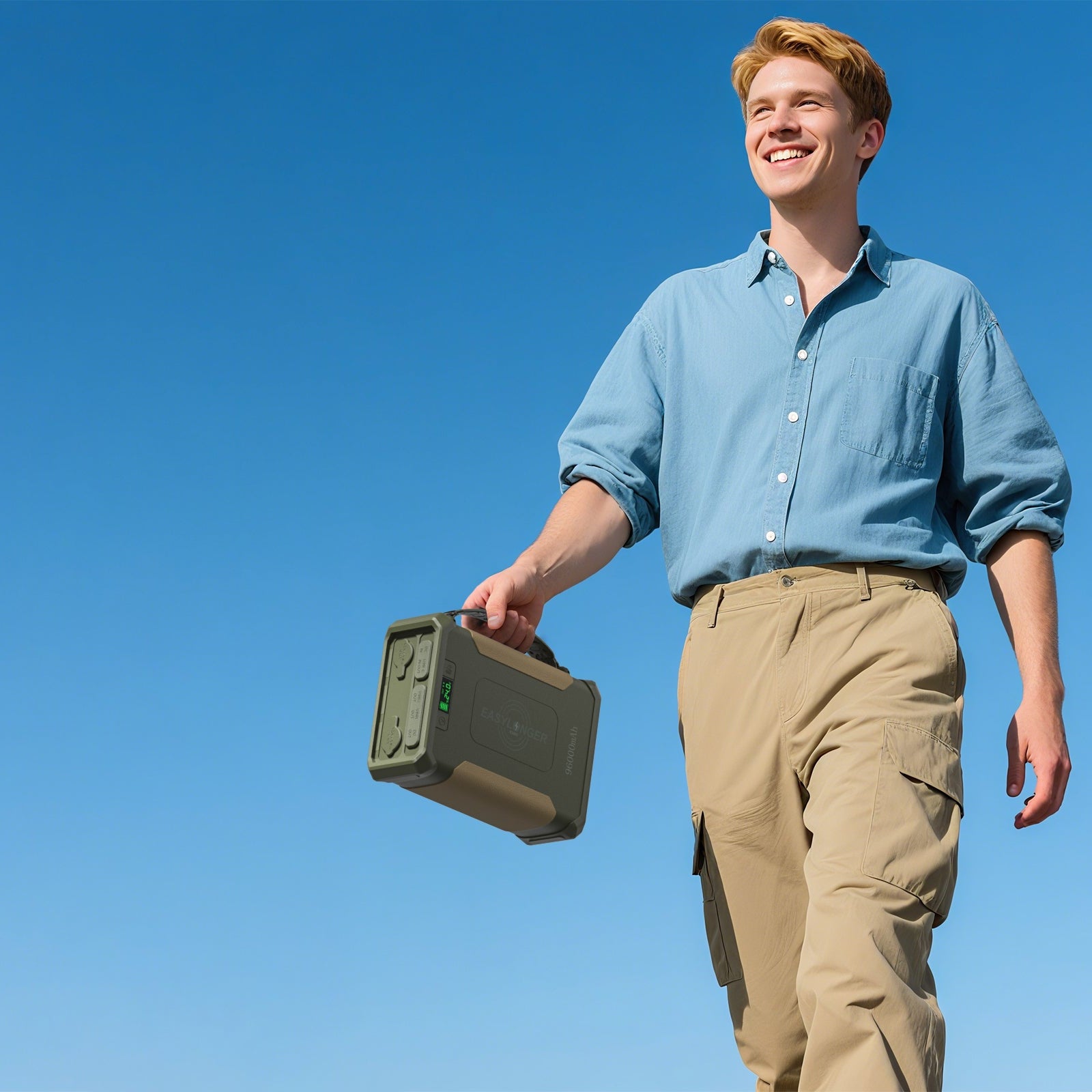 Man holding a green briefcase against a clear blue sky