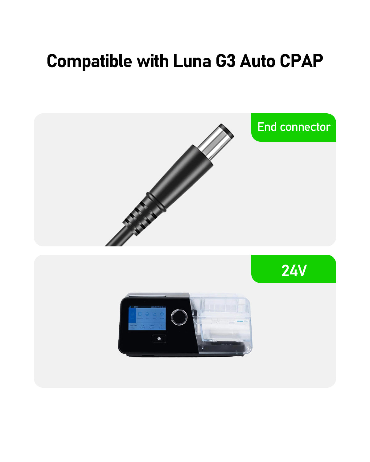 Close-up of the EASYLONGER ESG3 DC Power Cord 24V connector above a Luna G3 Auto CPAP. Top text reads: Compatible with Luna G3 Auto CPAP. Replacement cable, 3.2ft, by EASYLONGER.