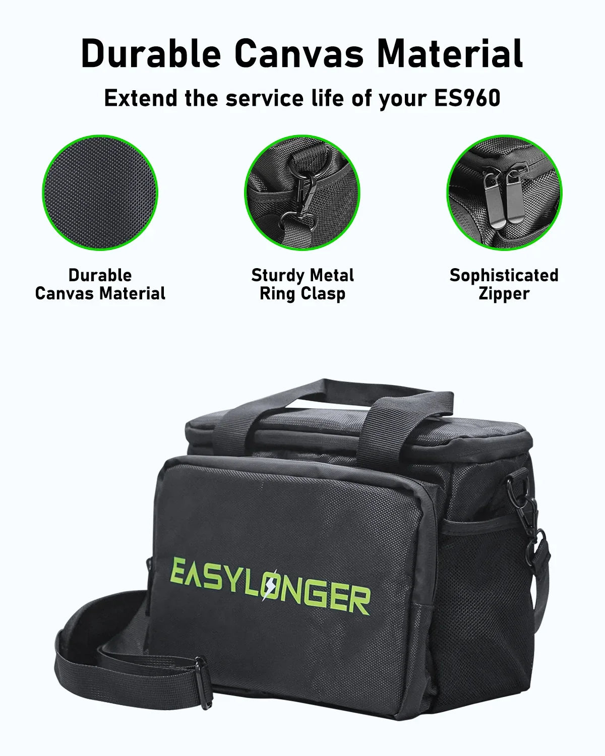black canvas carrying case with EASYLONGER logo, metal ring clasp, and zipper, shown on white background