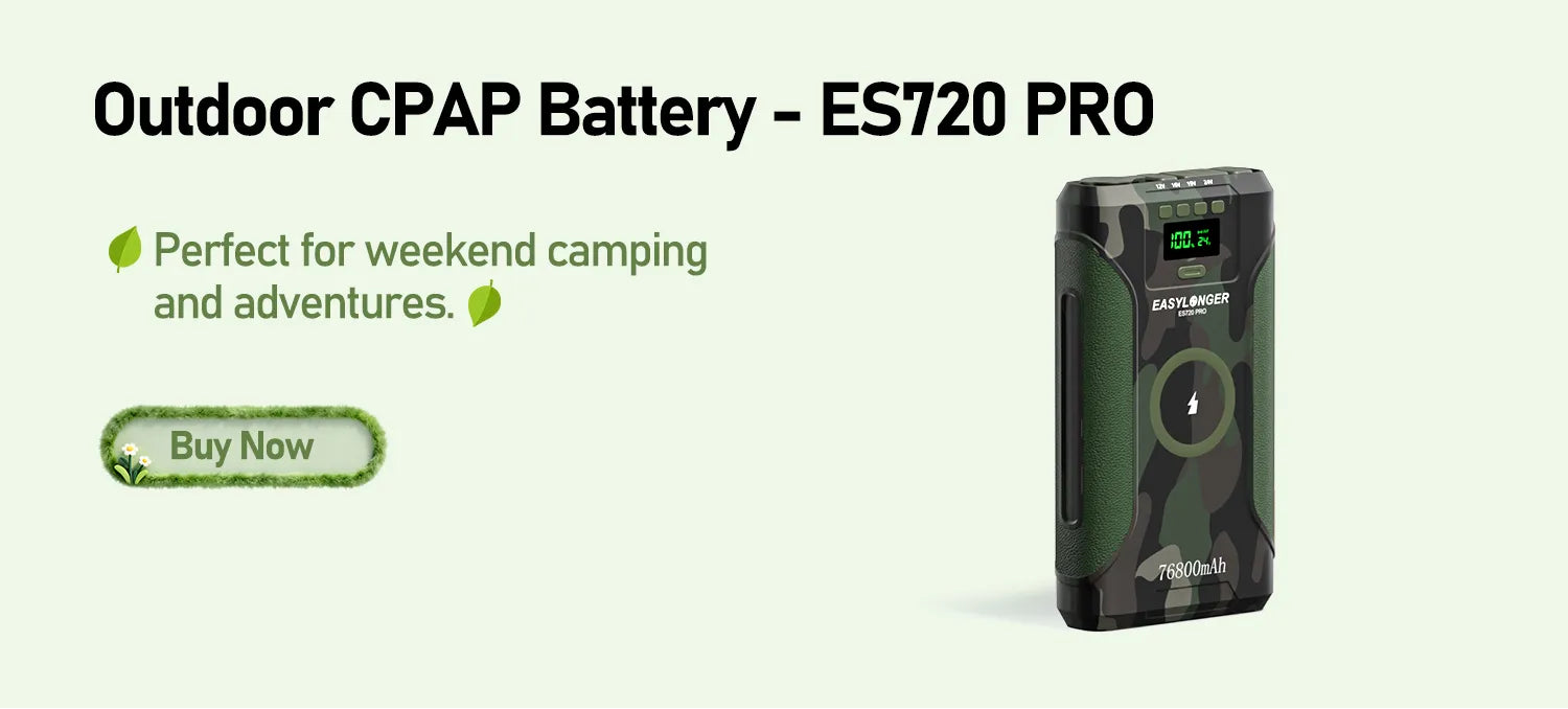 A camouflage-patterned ES720 PRO outdoor CPAP battery is displayed on the right; text on the left reads Outdoor CPAP Battery – ES720 PRO, Perfect for weekend camping and adventures, and a Buy Now button.