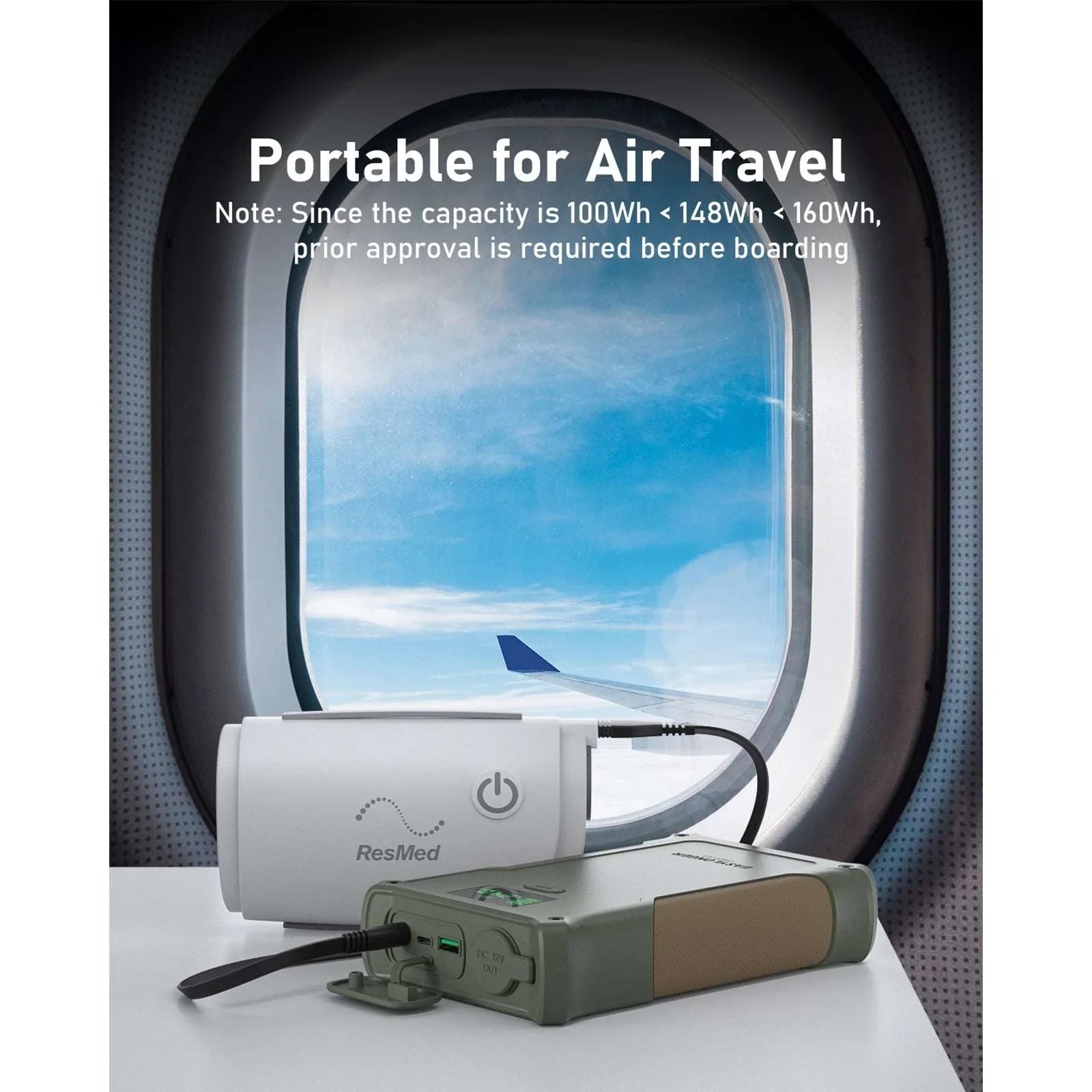 ES400 AIR portable power station connected to a CPAP device on airplane table by window