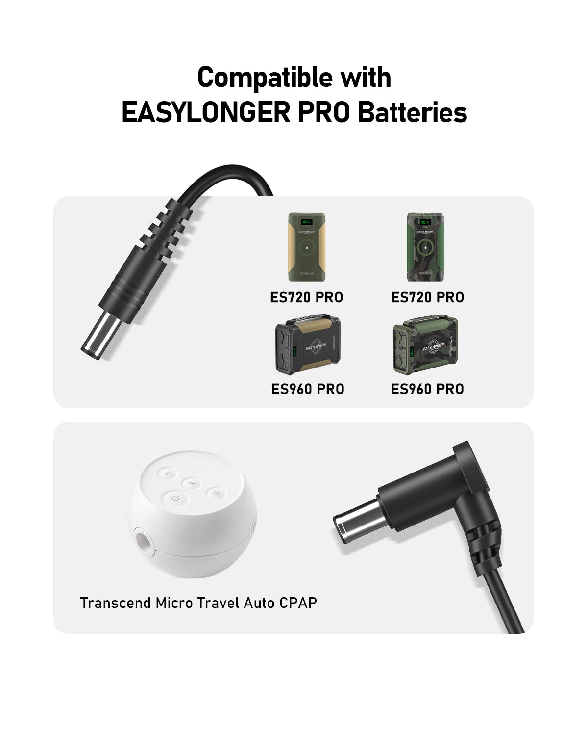 Image shows text indicating compatibility with EASYLONGER CPAP batteries and features the EASYLONGER ESMC DC Power Cord for Somnetics Transcend Micro Travel CPAP (19V, 3.2ft), plus close-ups of Transcend Micro CPAP connectors and battery models ES720 PRO, ES960 PRO.