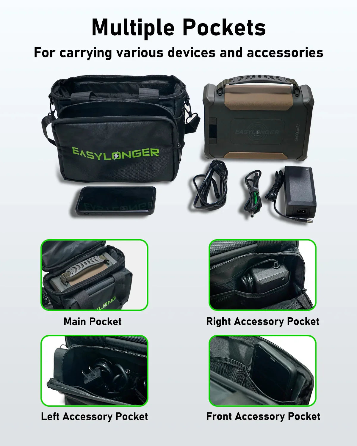 EASYLONGER ES400 AIR portable power station, black carrying bag, charger, and cables with labeled multiple pockets for storage.