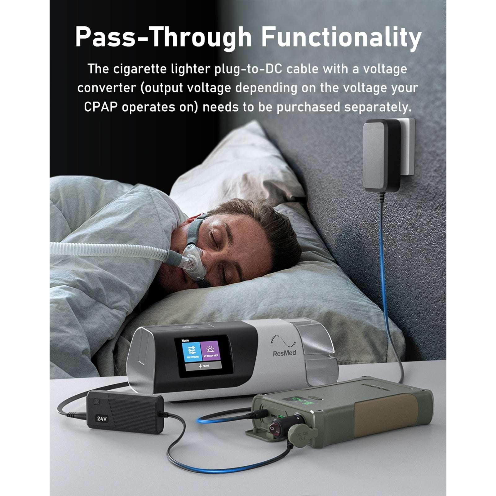 Man sleeping with CPAP machine connected to ES400 AIR portable power station on bedside table