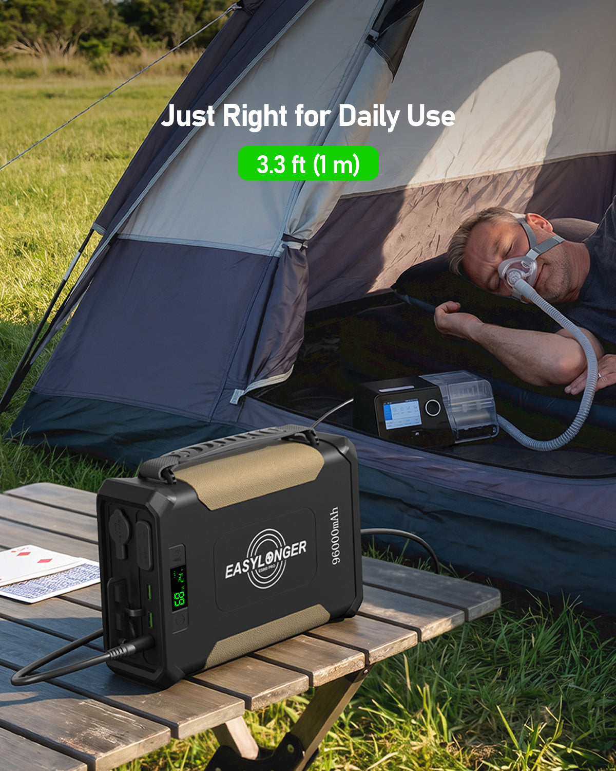 A man uses a CPAP machine inside his tent, connected via the EASYLONGER ESG3 DC Power Cord for BMC Luna G3 CPAP & BiPAP (24V, 3.2ft) to a portable power station outside. Text: Just Right for Daily Use 3.2 ft (1 m).