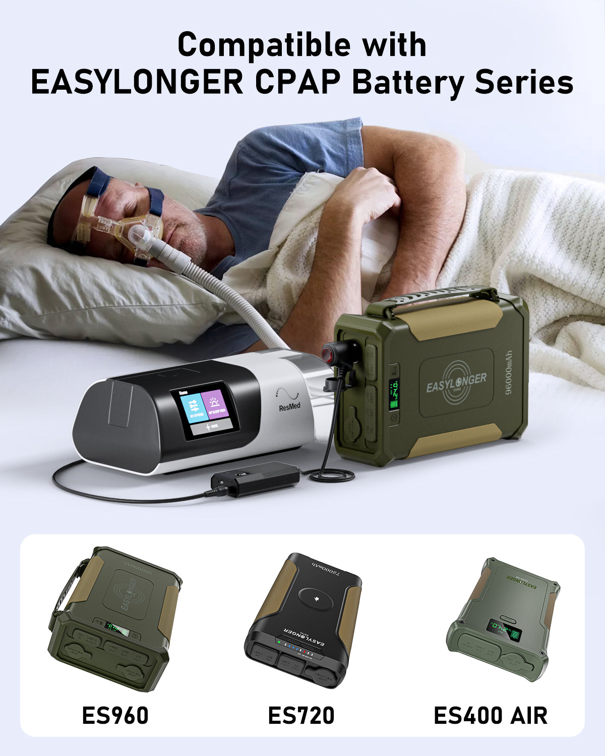 A person sleeps in bed using a CPAP machine powered by the EASYLONGER Universal CPAP DC Power Cord (12V/24V) car charger for ResMed & Philips. Gallery videos below show ES960, ES720, and ES400 AIR models (16:9), highlighting compatibility.