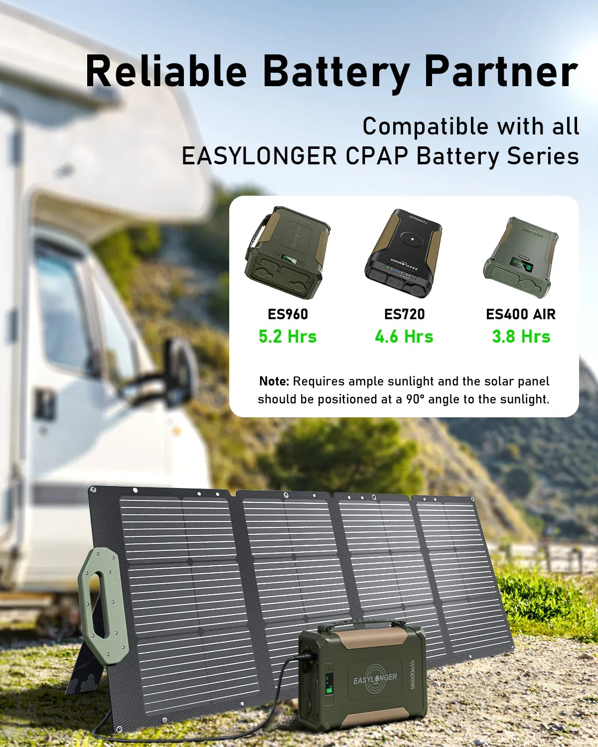 Foldable solar panel charging EASYLONGER ES400 AIR battery outdoors near a campervan