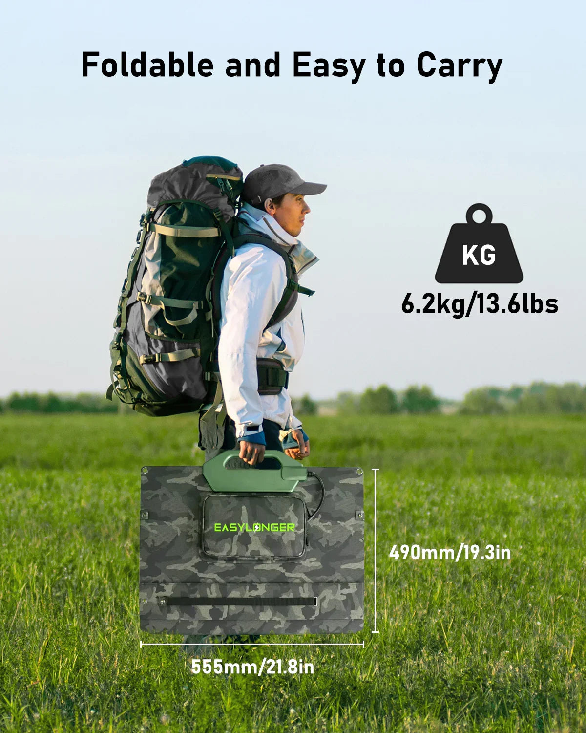 Person outdoors carrying EASYLONGER ES400 AIR portable power pack in camouflage, foldable design, size 555mm by 490mm, labeled 6.2kg.
