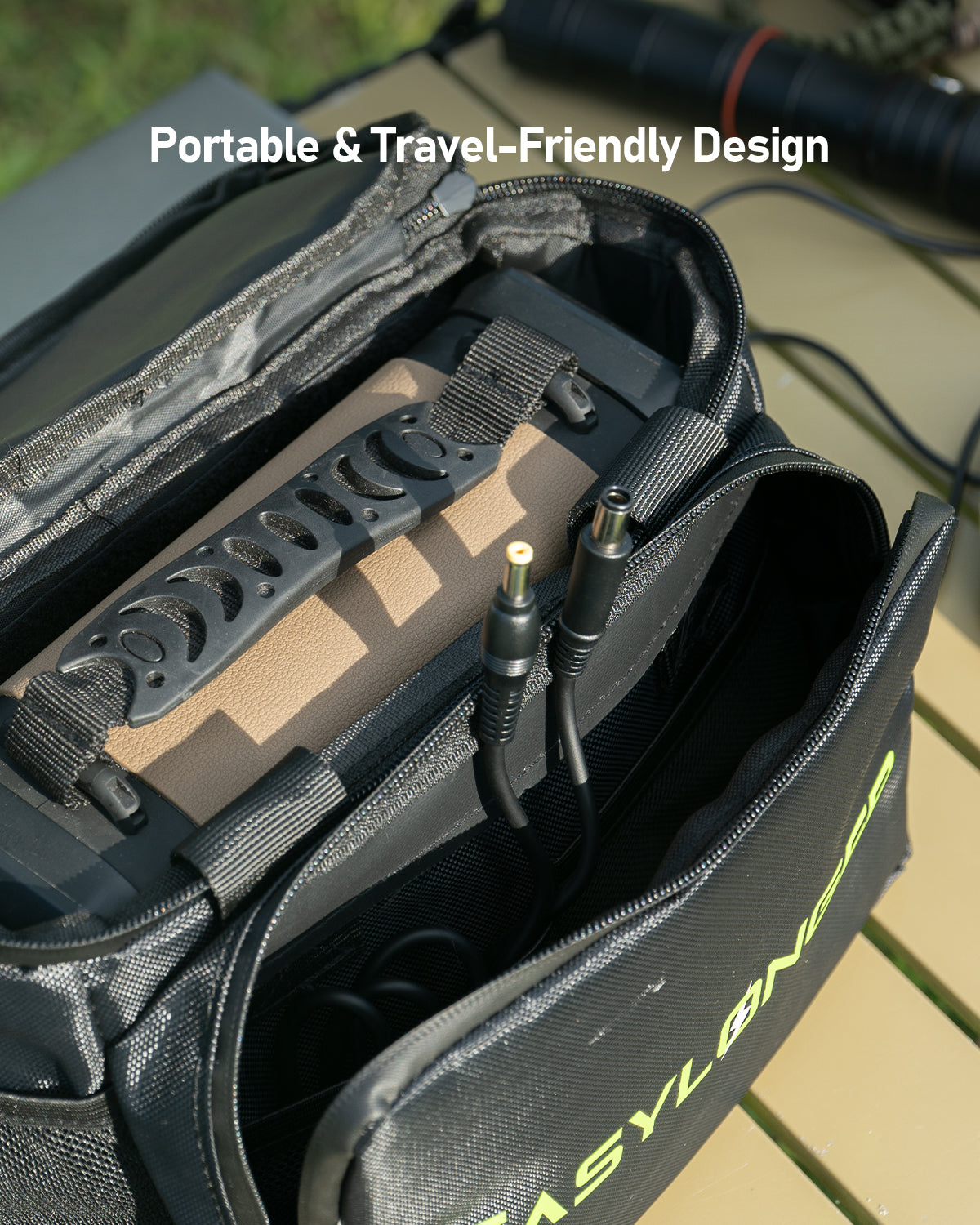 A close-up of an open black travel bag on a table shows an EASYLONGER ESG3 DC Power Cord for BMC Luna G3 CPAP & BiPAP (24V, 3.2ft), a portable power station, and two cables. White text at the top reads, “Portable & Travel-Friendly Design.”.