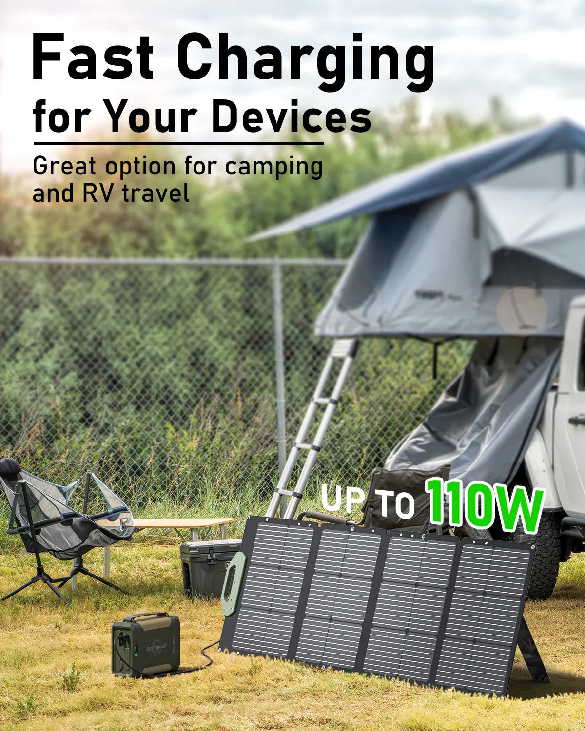 Foldable solar panel and ES400 AIR portable power station set up outdoors beside a camping vehicle and chair