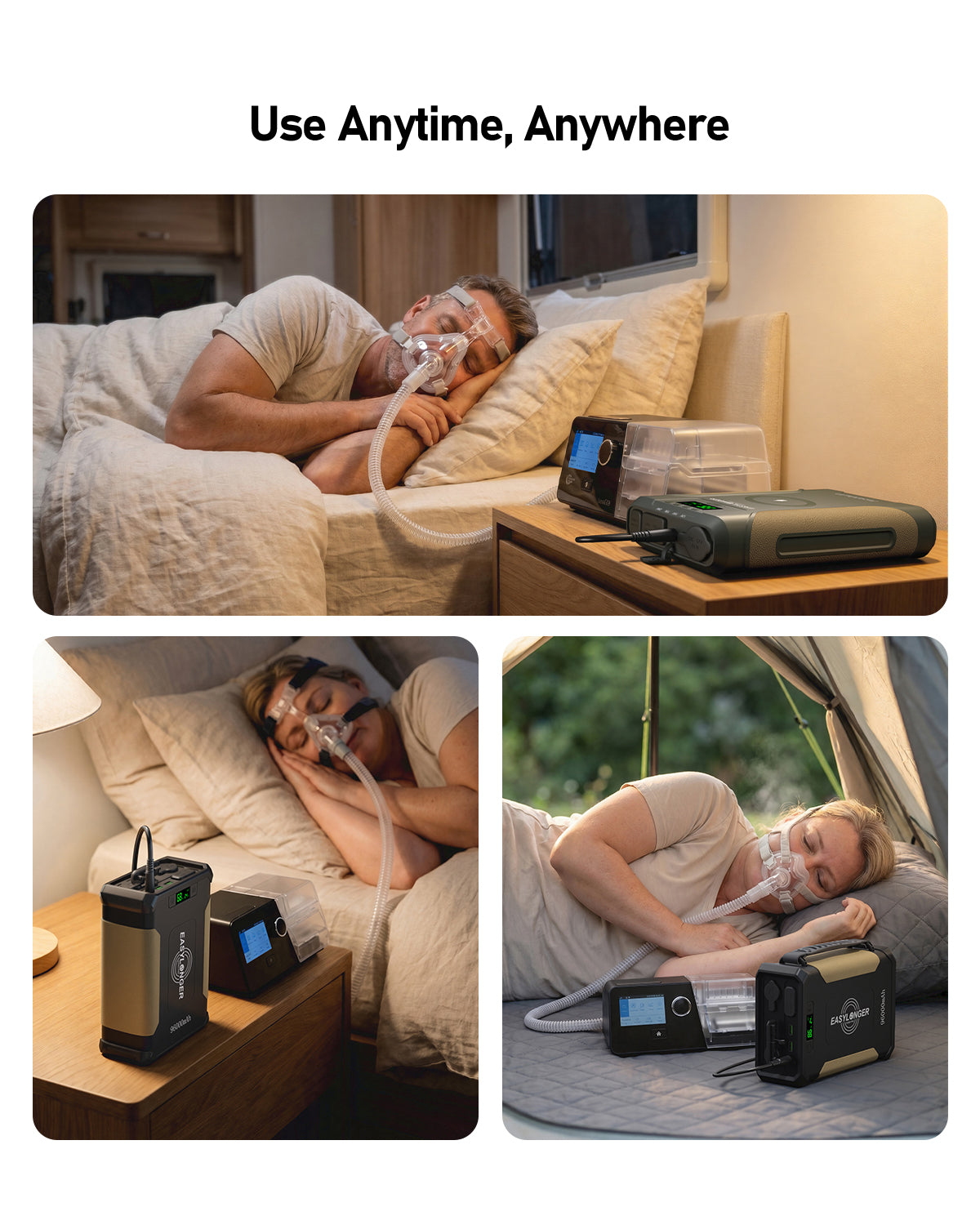 Three photos show adults using a BMC Luna G3 CPAP with the EASYLONGER ESG3 DC 24V Power Cord—on a bed, bedside table, and inside a tent. Use your CPAP anytime, anywhere with EASYLONGER’s 3.2ft replacement cable. Text: Use Anytime, Anywhere.