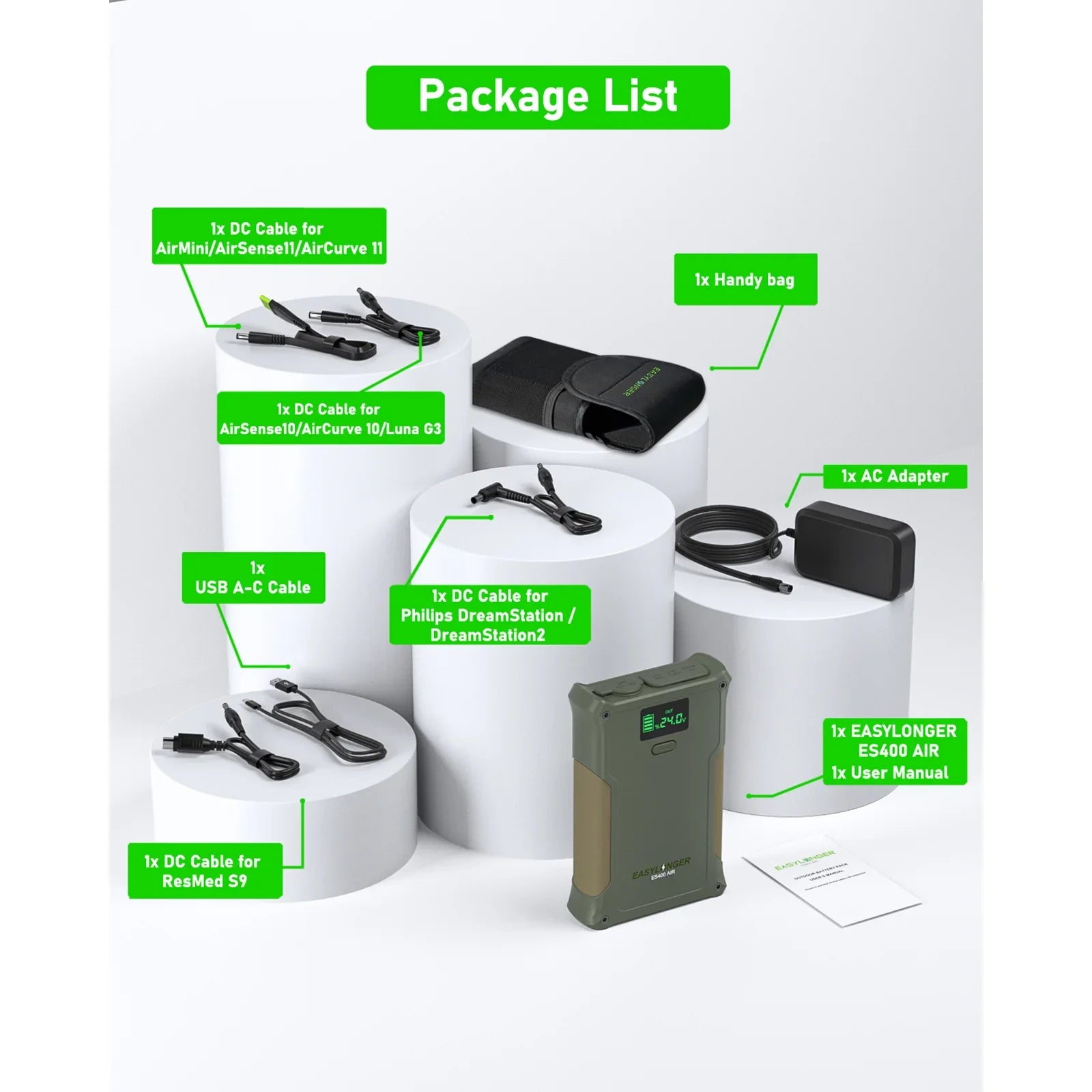 EASYLONGER ES400 AIR portable power bank with display, adapter, cables, handy bag, user manual