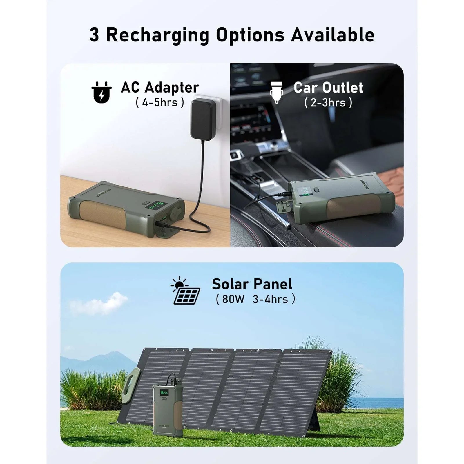 ES400 AIR portable power station charging by AC adapter, car outlet, and solar panel outdoors