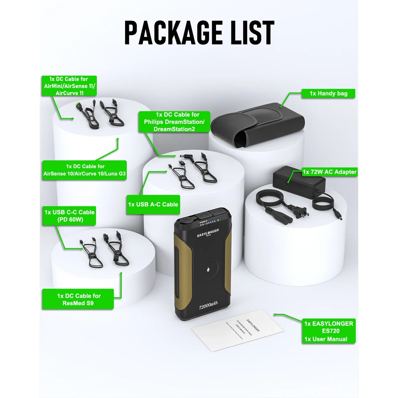 EASYLONGER ES400 AIR portable power bank with cables, 72W AC adapter, handy bag, user manual