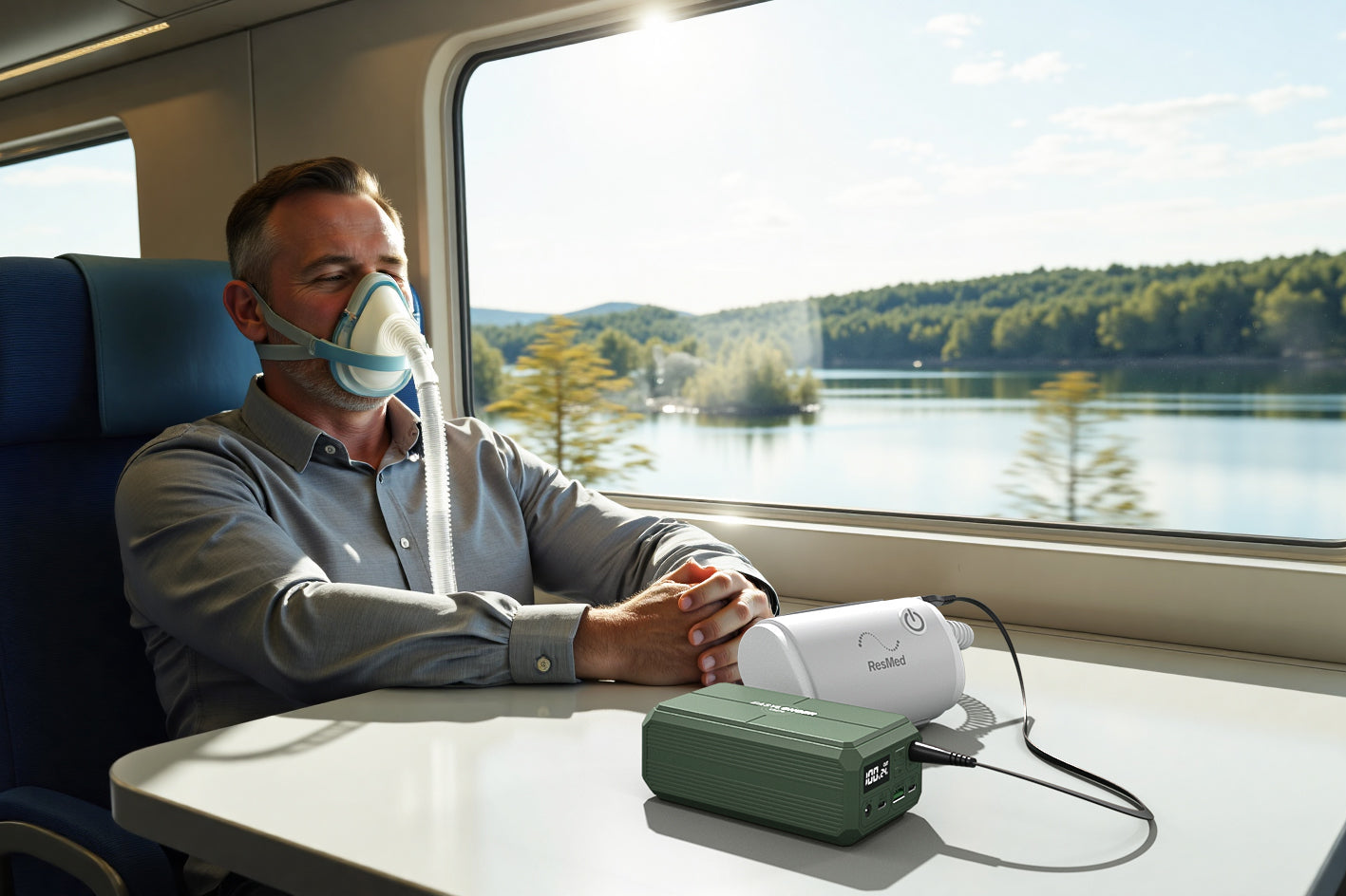 Man using an inhaler device on a train with a scenic view outside the window.