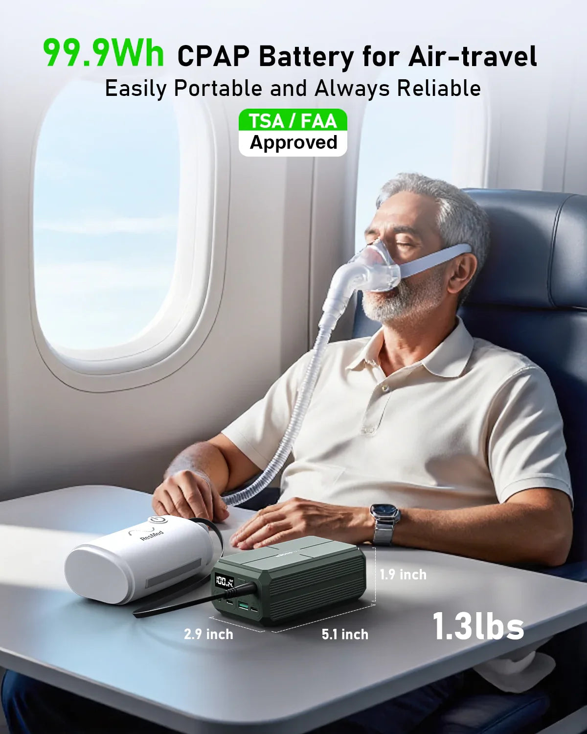 man using CPAP machine with ES400 AIR CPAP battery on airplane tray table, portable size shown