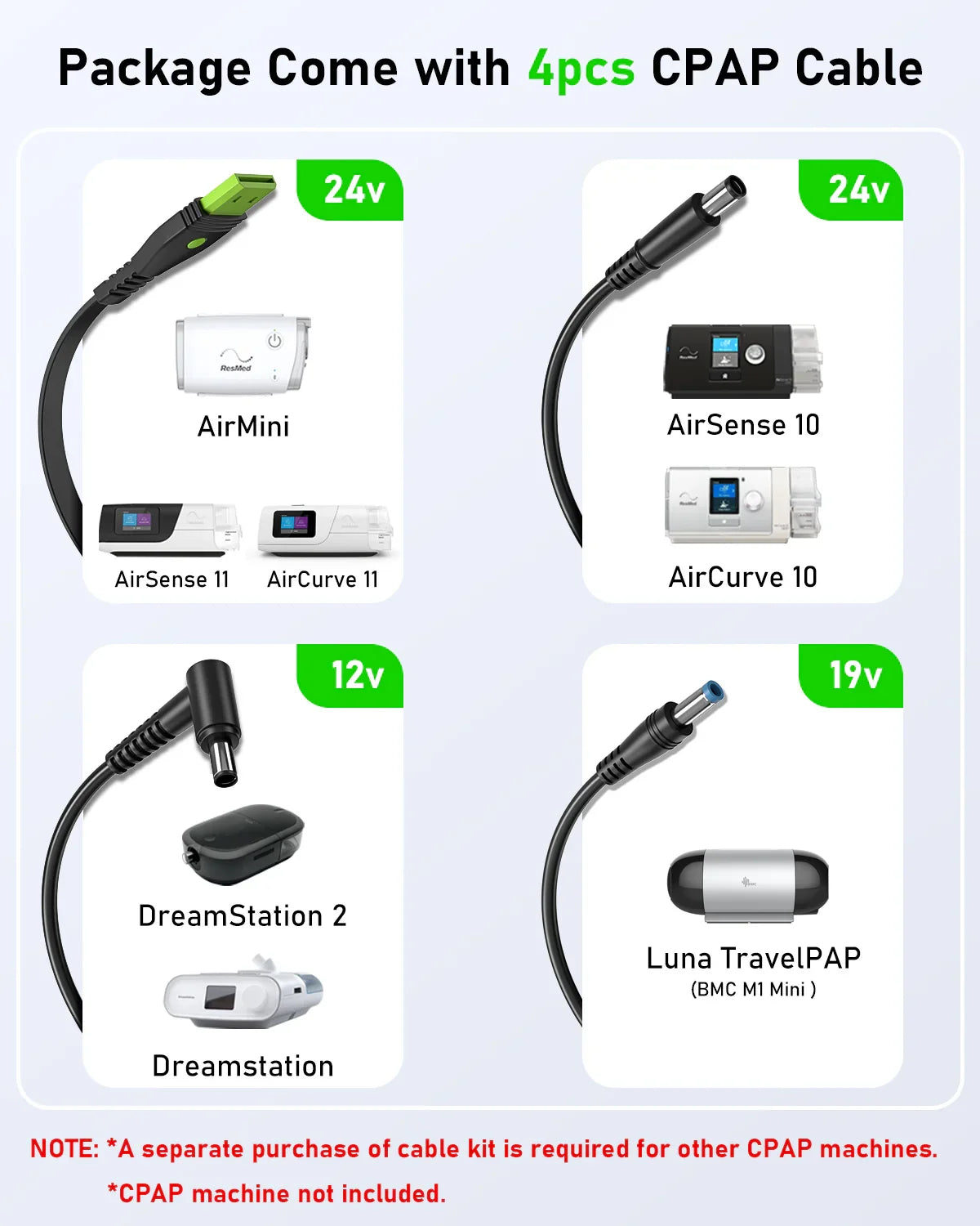 Package includes 4 CPAP cables for AirMini, AirSense 11, AirCurve 11, AirSense 10, AirCurve 10, DreamStation 2, Dreamstation, Luna TravelPAP
