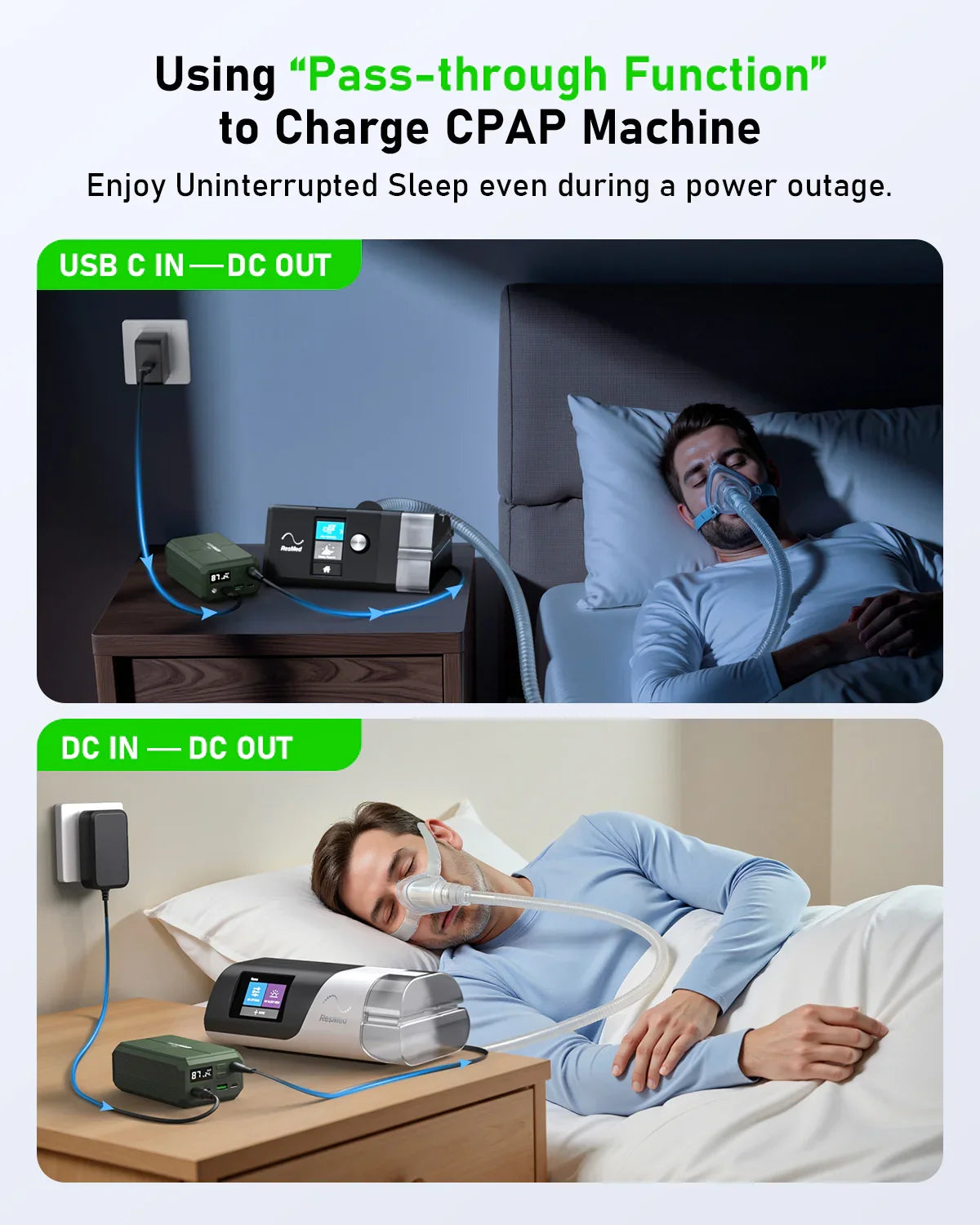Man sleeping with CPAP machine powered by ES400 AIR portable battery using pass-through charging