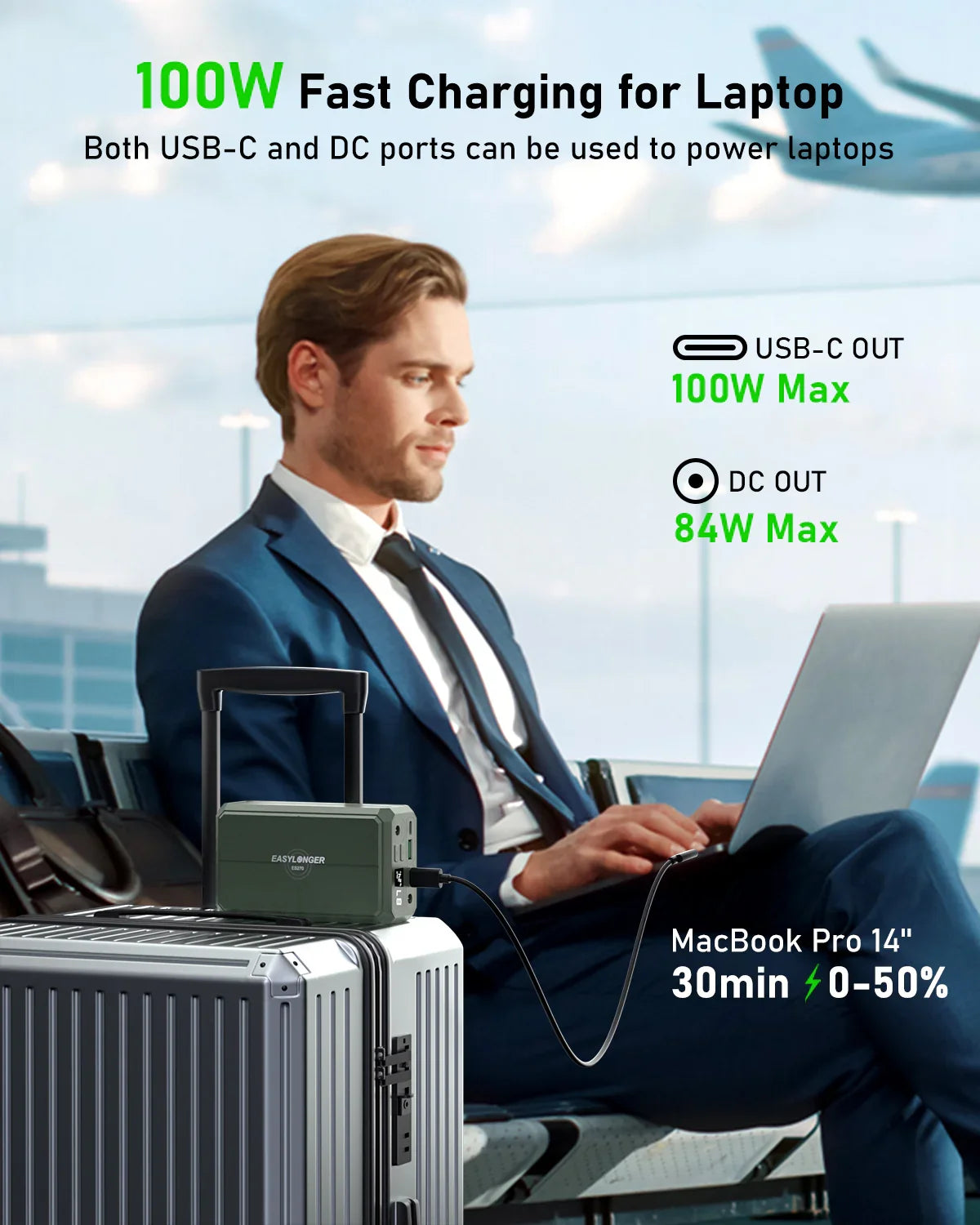 Man using laptop in airport, ES400 AIR portable power station on suitcase, charging device via USB-C.