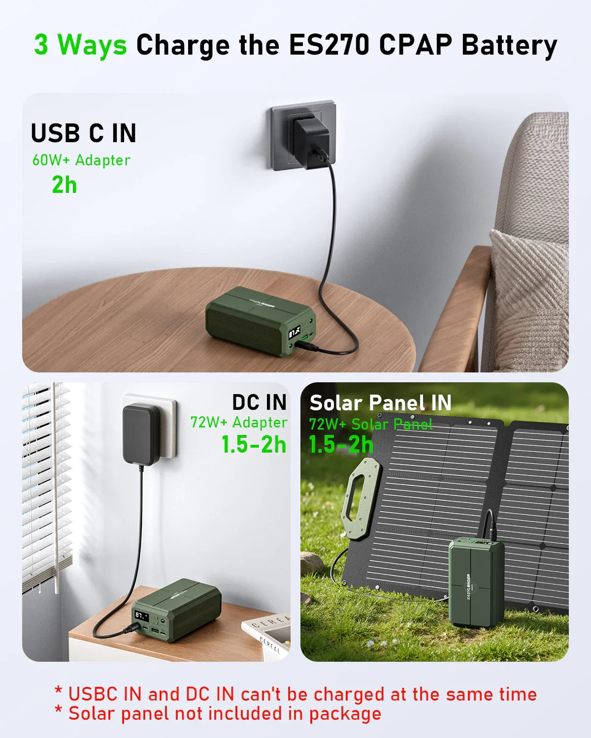 Three ways to charge ES270 CPAP battery: USB-C input on table, DC input on shelf, solar panel outdoors