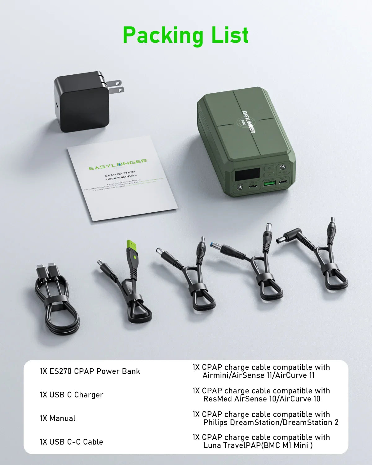EASYLONGER ES400 AIR CPAP battery pack, power adapter, cables, and user manual on white background