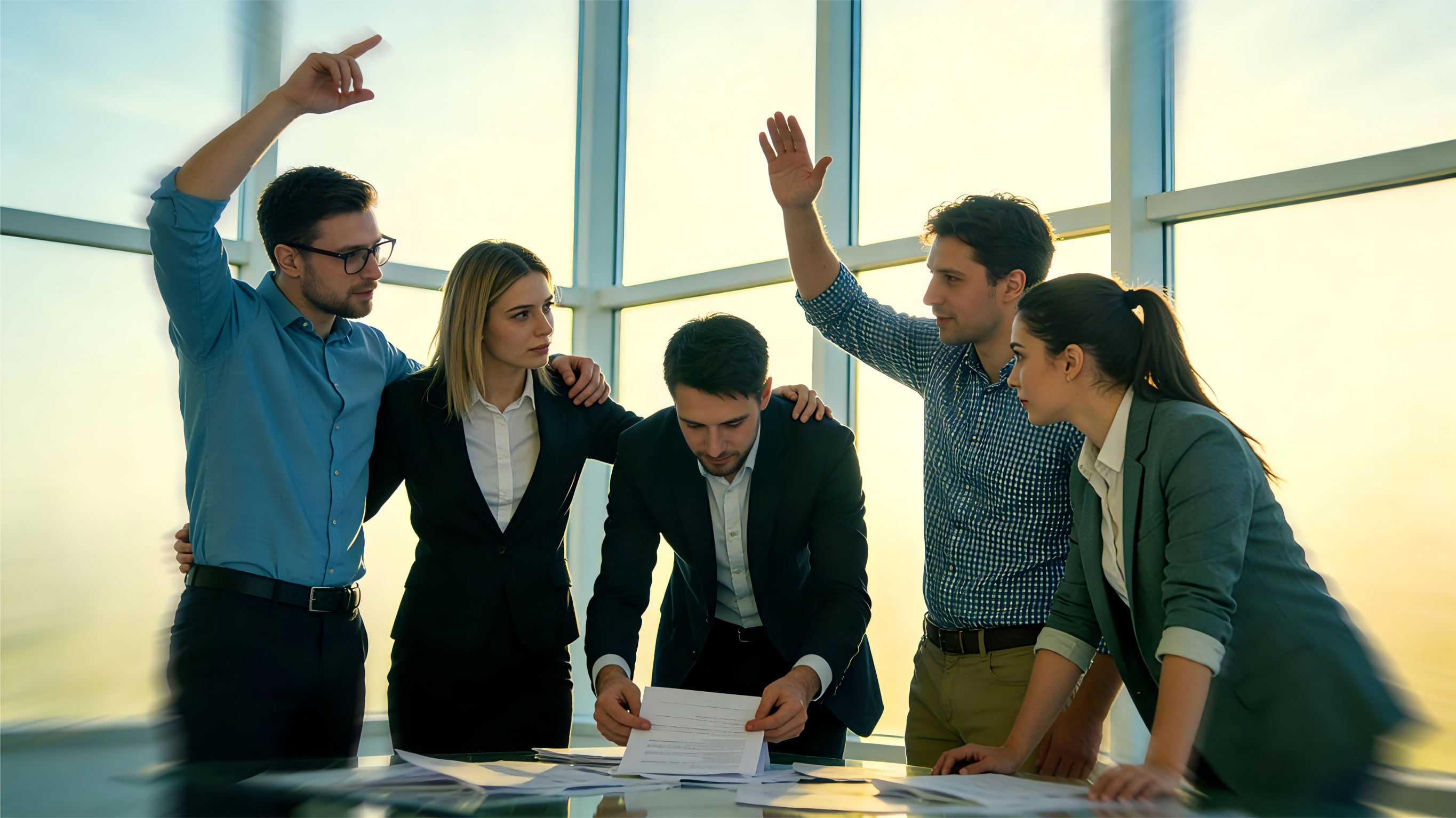 Five people in business attire stand around a table with documents. Two raise their hands, one leans forward reading papers, and the others focus on the discussion in a modern office with large windows.