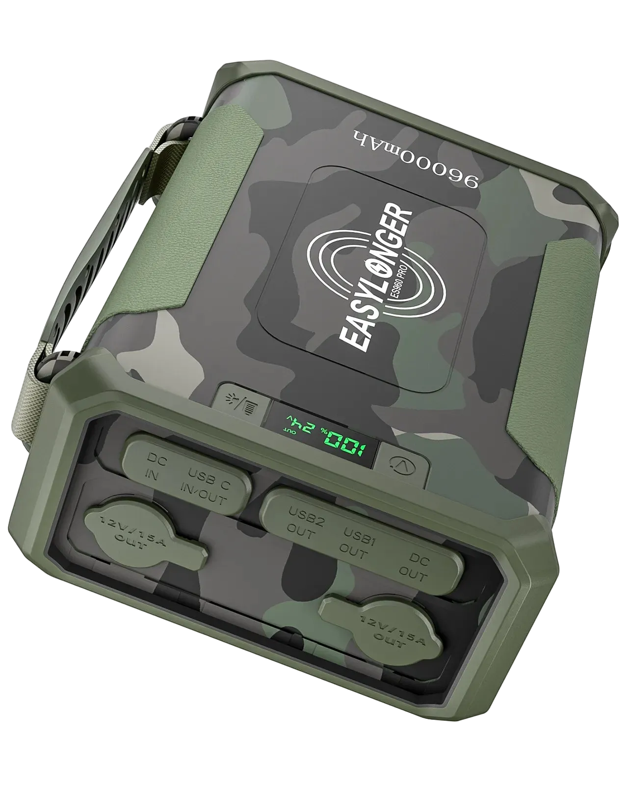 The EASYLONGER ES960 PRO Camo CPAP Battery is a 297.6Wh LiFePO4 portable power station with a camouflage design, handle, labeled EASYLONGER, battery info display, and multiple covered USB and 12V output ports on one side.