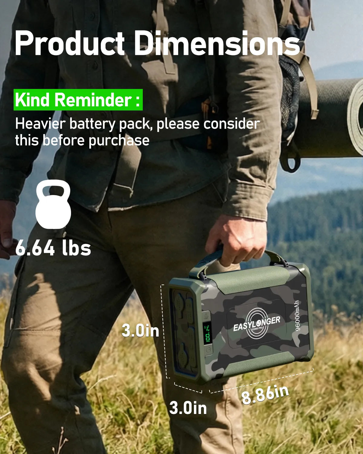 EASYLONGER ES960 PRO Camo CPAP Battery Backup Power Supply, 297.6Wh LiFePO4 for ResMed AirSense 11, AirCurve 11, AirMini, Philips DreamStation 2, Luna TravelPAP – Outdoor & Camping