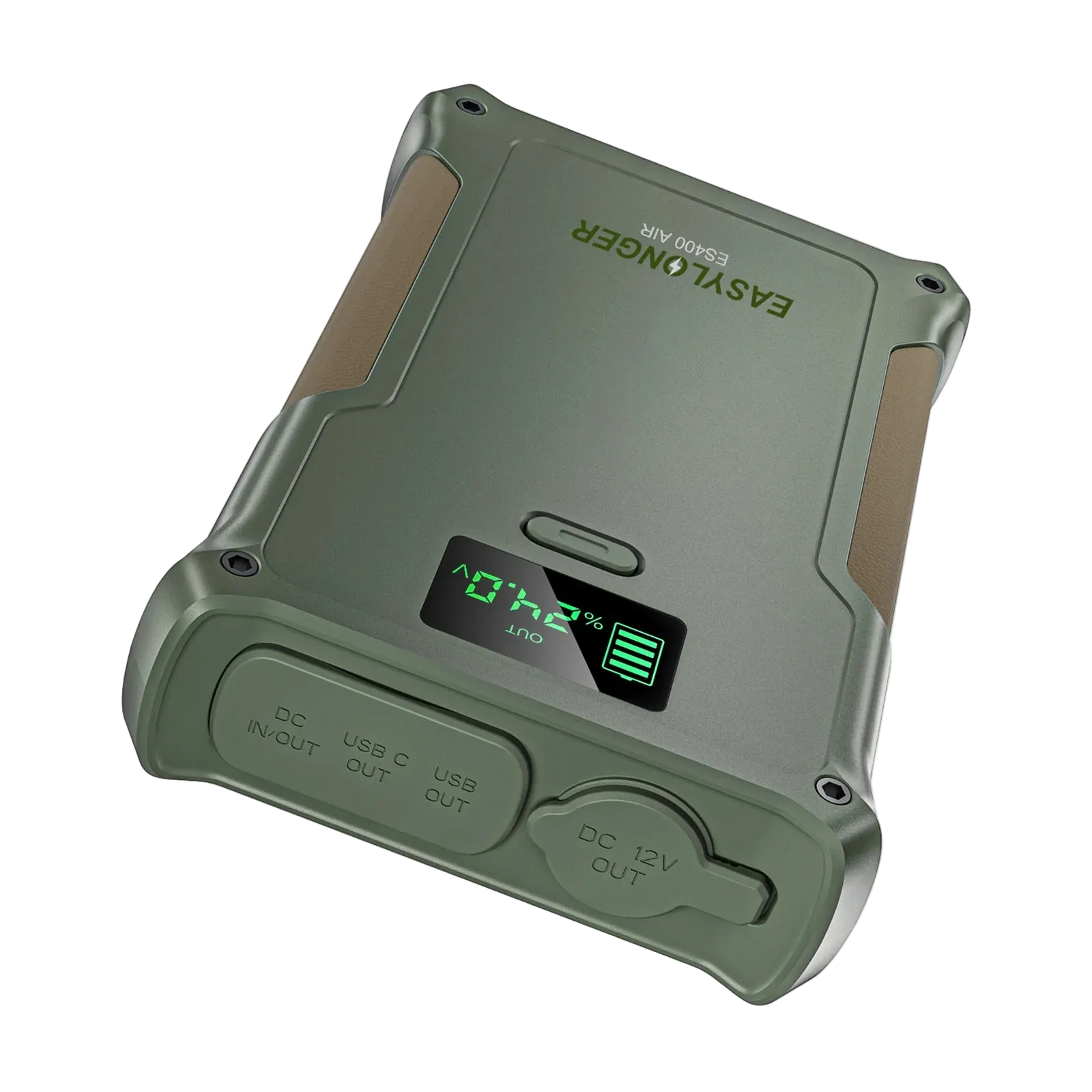 A rugged olive green EASYLONGER ES400 AIR CPAP Battery Backup (148Wh LiFePO4, airline-approved) features a digital display at 64% and DC/USB ports—ideal for gallery images or video showcases.