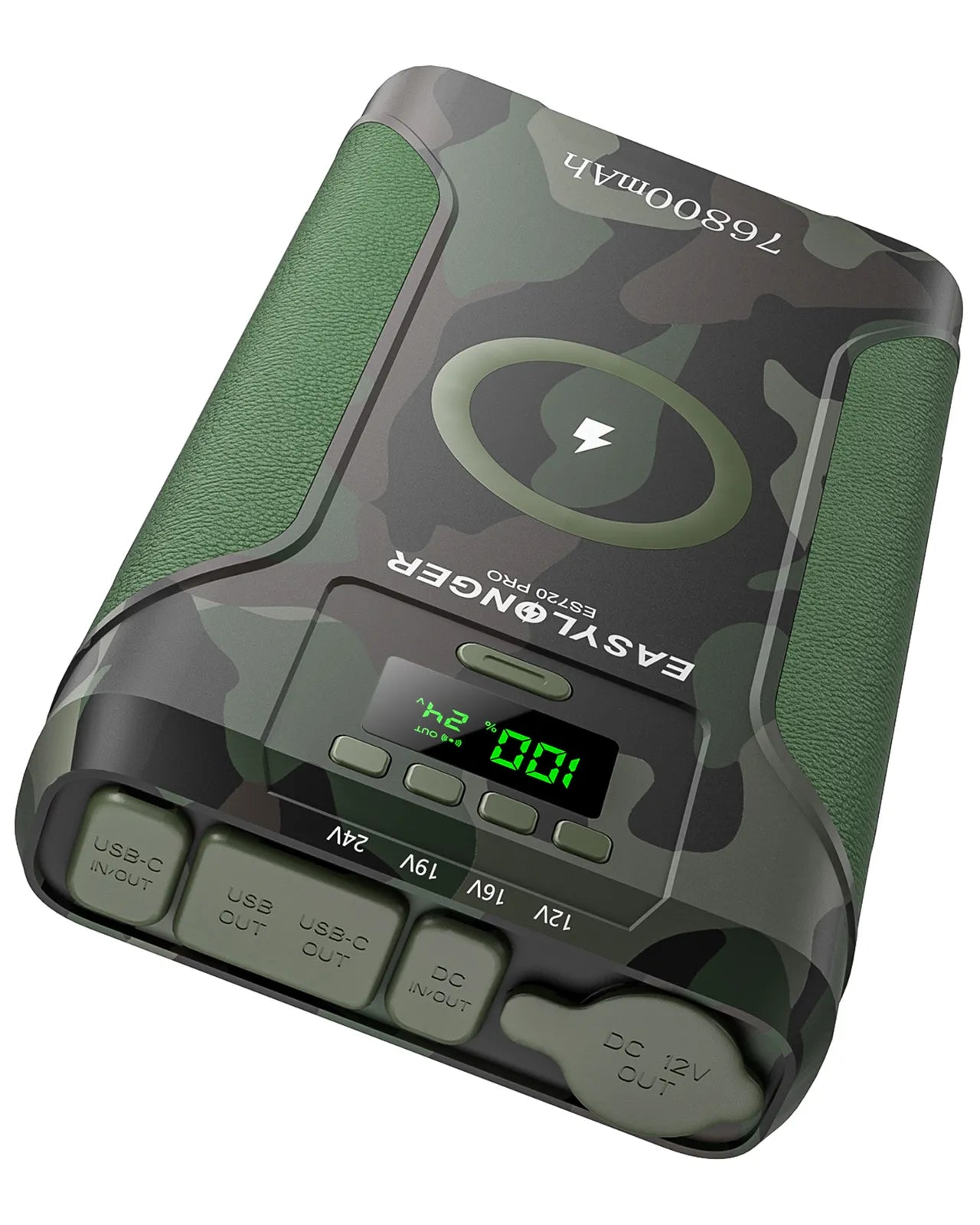 Camouflage-patterned power bank ES720PRO with digital display on a white background