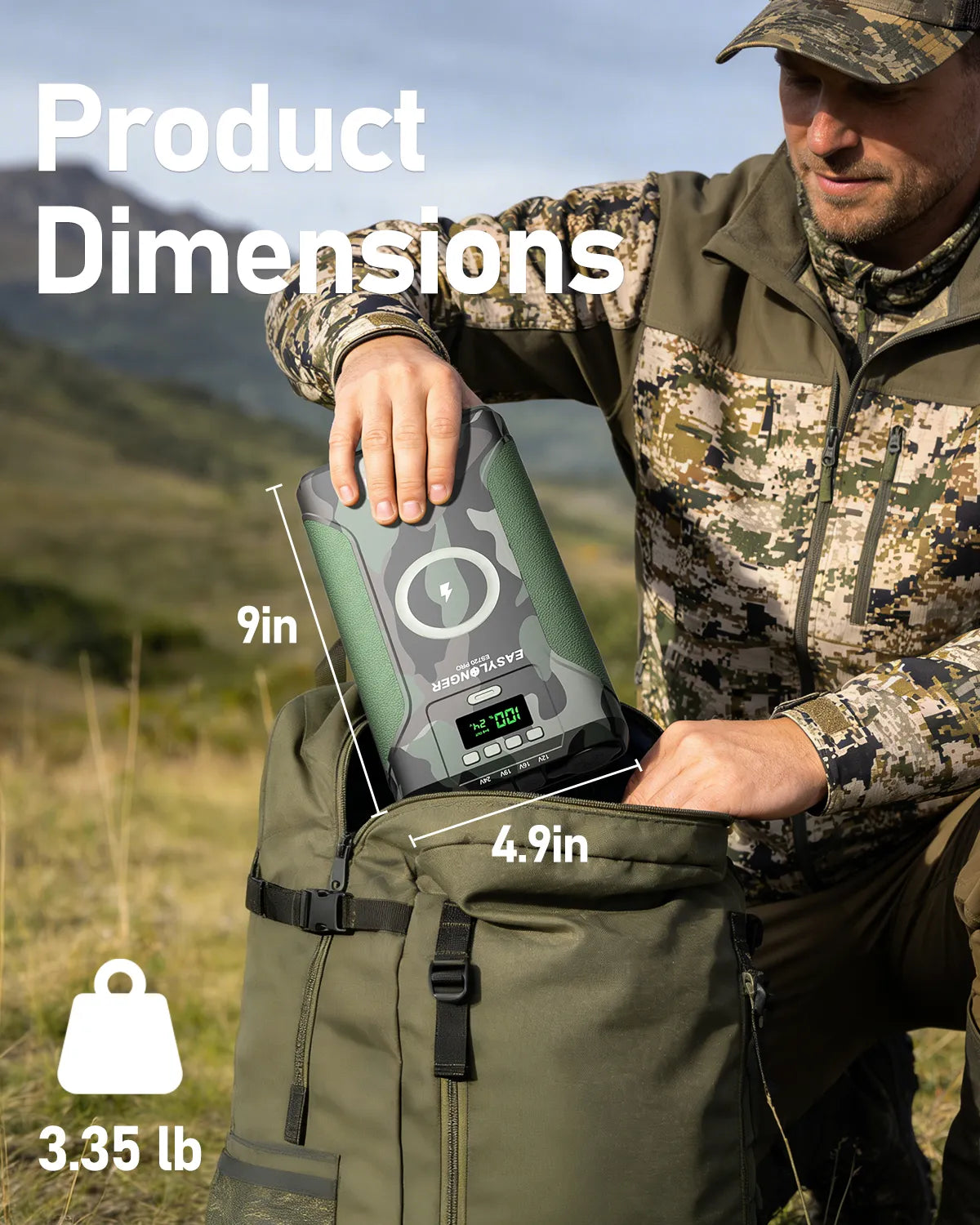 Wearing camo, a person packs the EASYLONGER ES720 PRO Camo CPAP Battery Pack (276Wh, 9 x 4.9", 3.35 lb) into a green backpack—an ideal CPAP power supply for emergencies or camping in stunning mountain landscapes.
