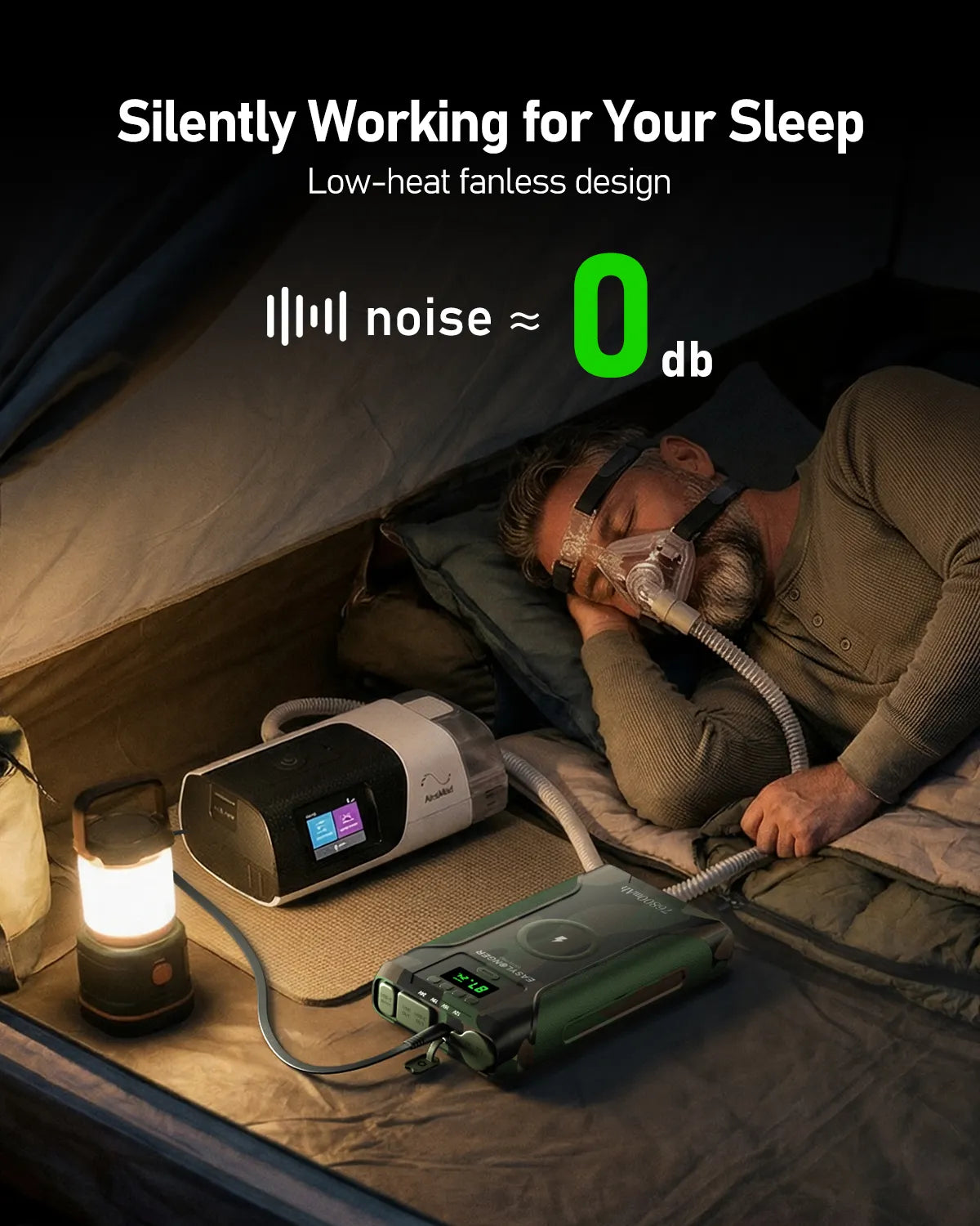 A man sleeps in a tent using a CPAP with the EASYLONGER ES720 PRO Camo CPAP Battery Pack beside him. The on-screen text says: "Silently Working for Your Sleep, Low-heat fanless design, noise ≈ 0 db.