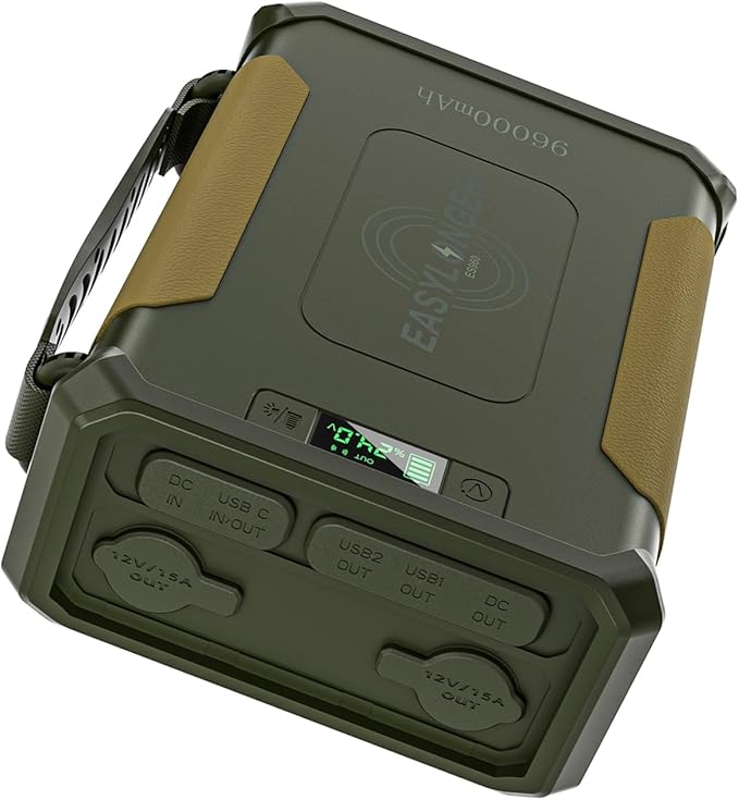The EASYLONGER ES960 CPAP Battery Backup Power Supply is a 297.6Wh portable station in olive green/tan with a handle, digital display, rounded corners, and flap-protected USB/DC ports—ideal for ResMed and Philips devices at home or camping.