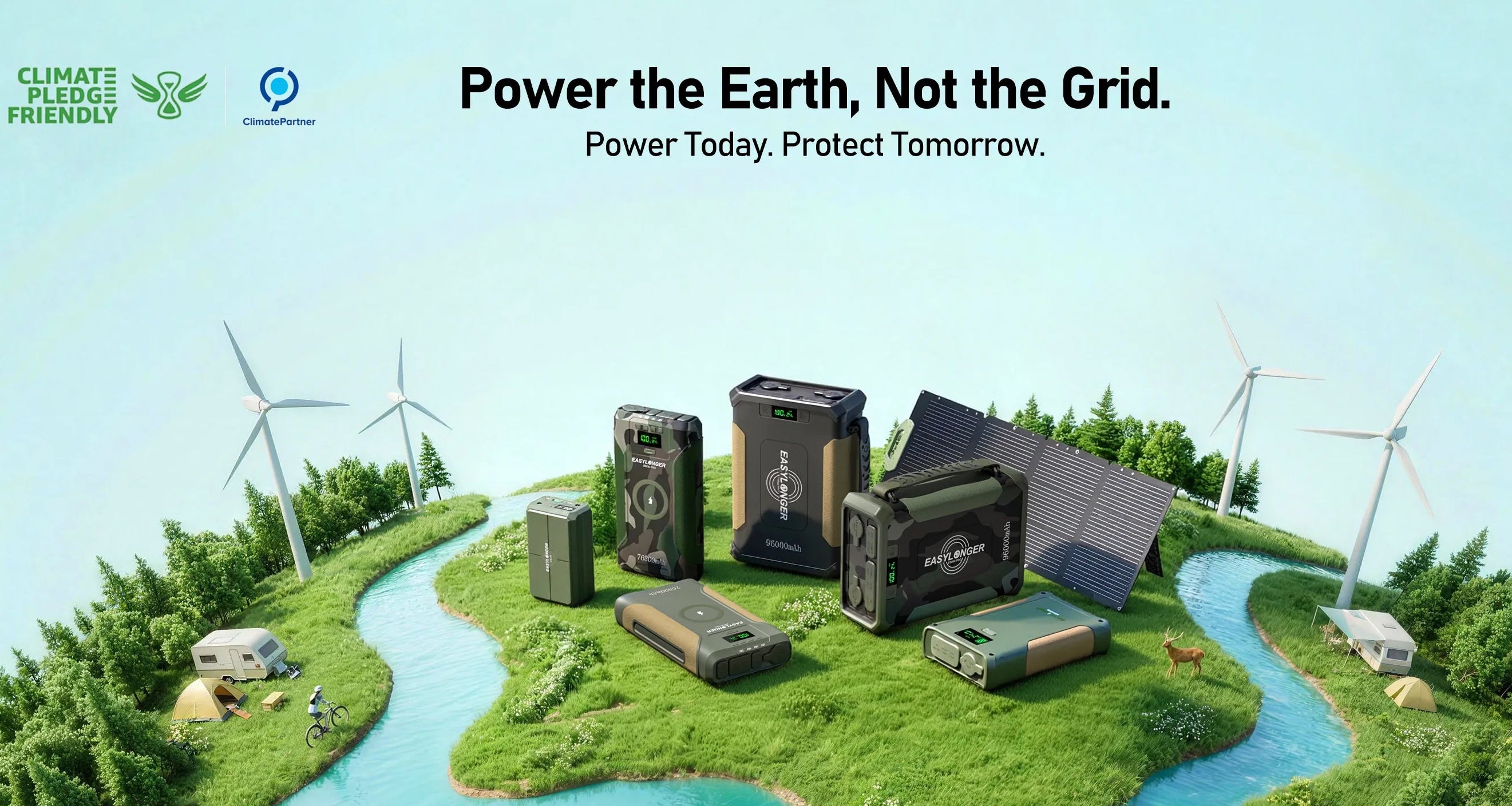 Sustainable energy products on a stylized island with wind turbines and water, promoting environmental responsibility.