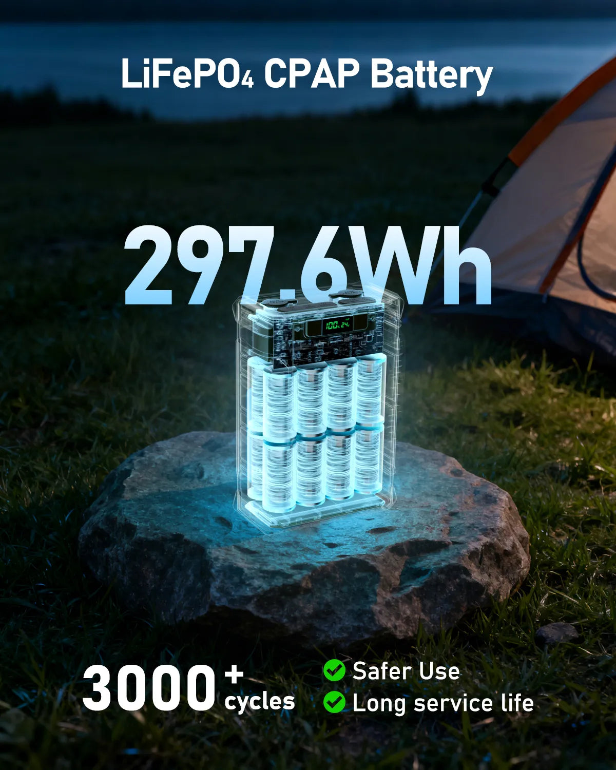 LiFePO4 CPAP battery with 297.6Wh capacity and digital display placed on a rock outdoors near a tent, labeled with 3000 cycles, safer use, long service life.