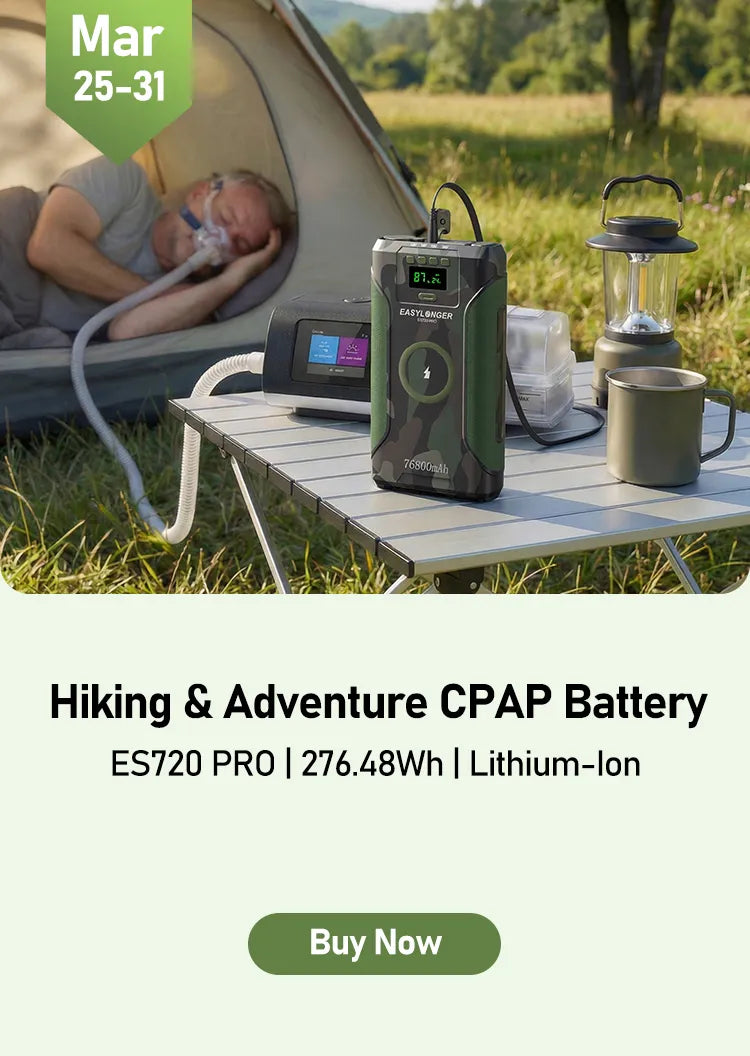 A man lies inside a tent using a CPAP machine powered by a portable battery placed on a table outdoors. The table also holds a lantern, a mug, and camping gear. The text promotes a CPAP battery for hiking and adventure.