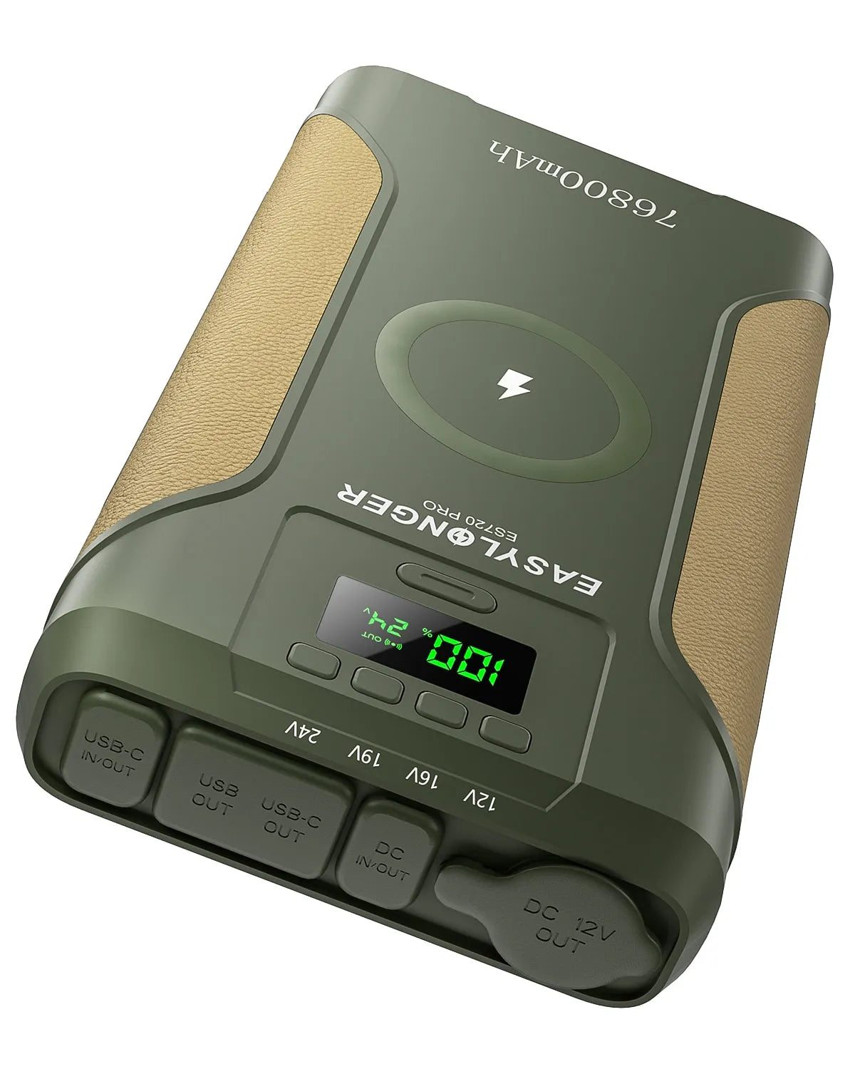 Green and brown power bank with digital display on a white background