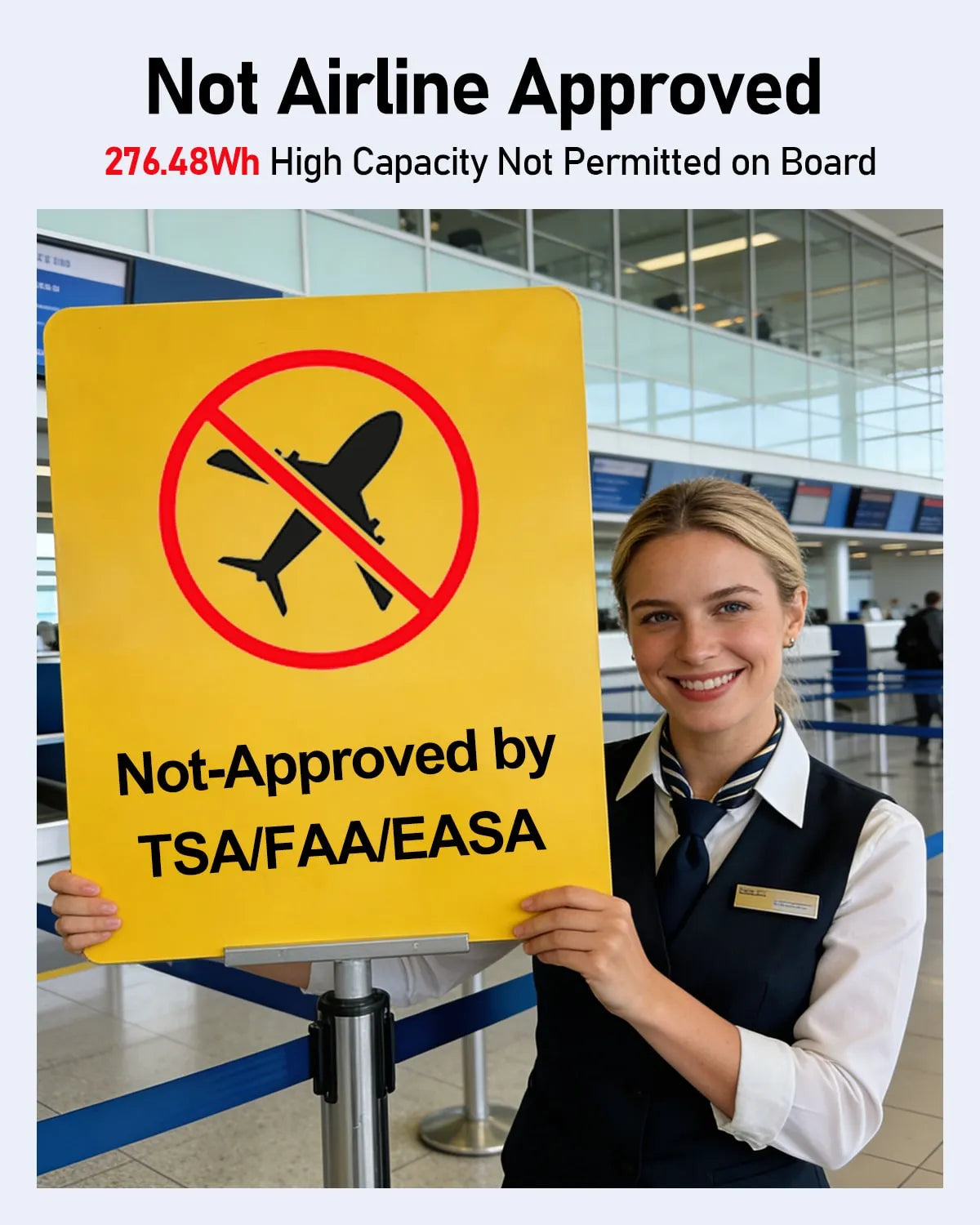 A smiling airport staff holds a yellow sign with a crossed-out airplane icon and 'Not-Approved by TSA/FAA/EASA' text. The scene is an airport check-in area. Ideal for travel: EASYLONGER ES720 PRO CPAP Battery Backup Power Supply, 276.48Wh by EASYLONGER.
