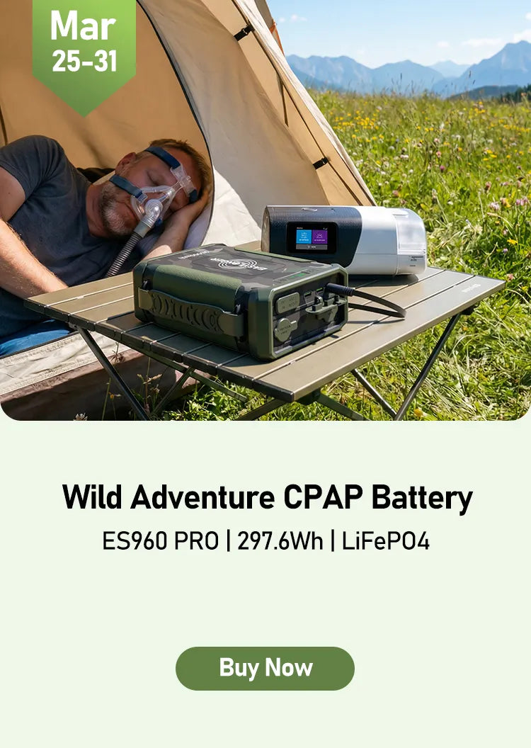 A person lies in a tent using a CPAP machine powered by a portable battery on a table outside. The setting is grassy with mountains in the background. Text highlights a sale for a CPAP battery, including specs and a Buy Now button.