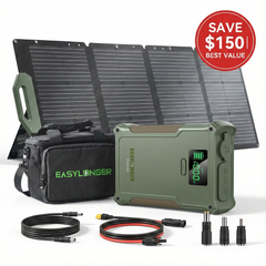 Solar panel system with power bank, cables, and carrying bag on a white background